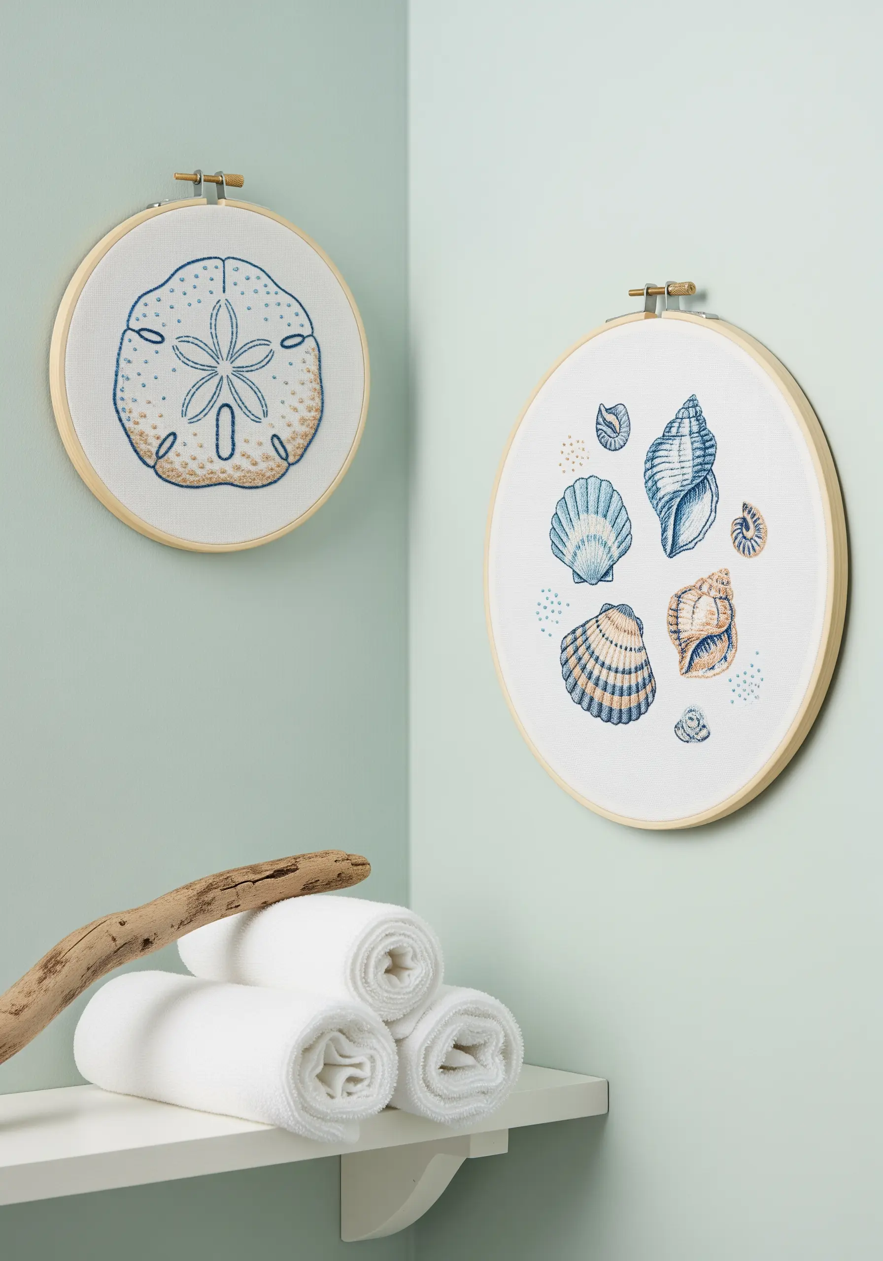 Two embroidery hoops with seashell and sand dollar designs hanging on a pale green bathroom wall.