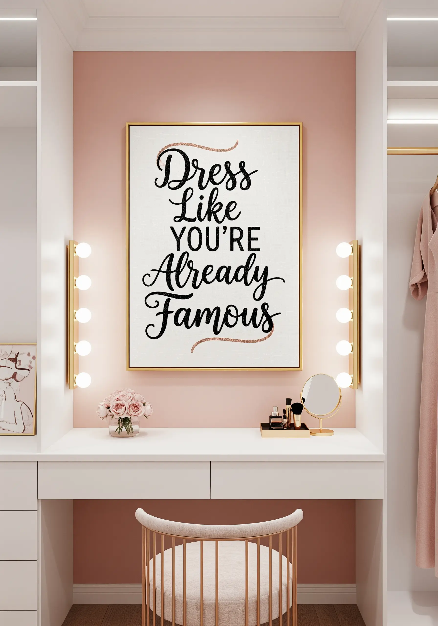 A fashion quote in a gold frame, with black script embroidery and sparkling glitter accents.