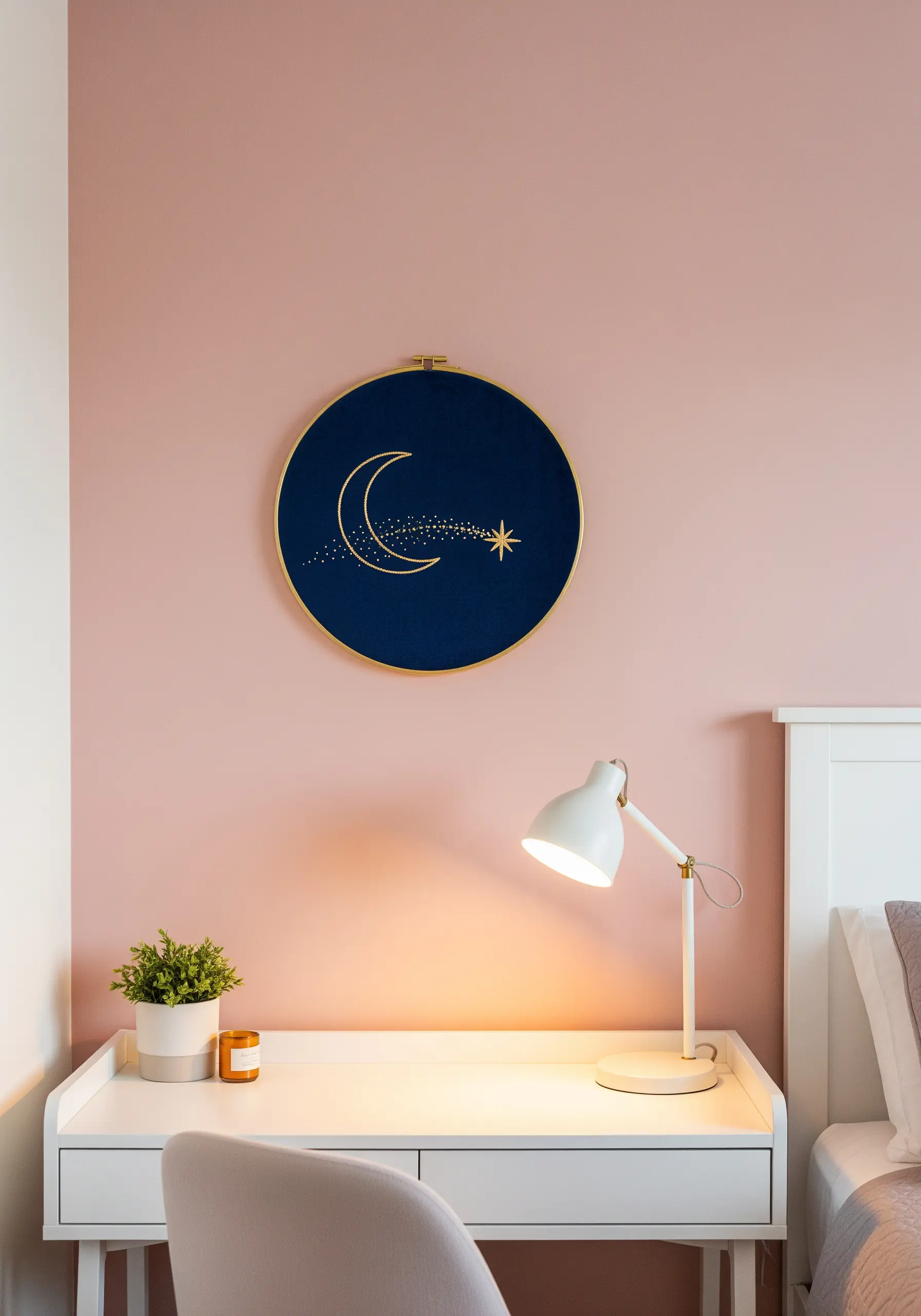 Gold metallic thread embroidery of a moon and shooting star on navy fabric.