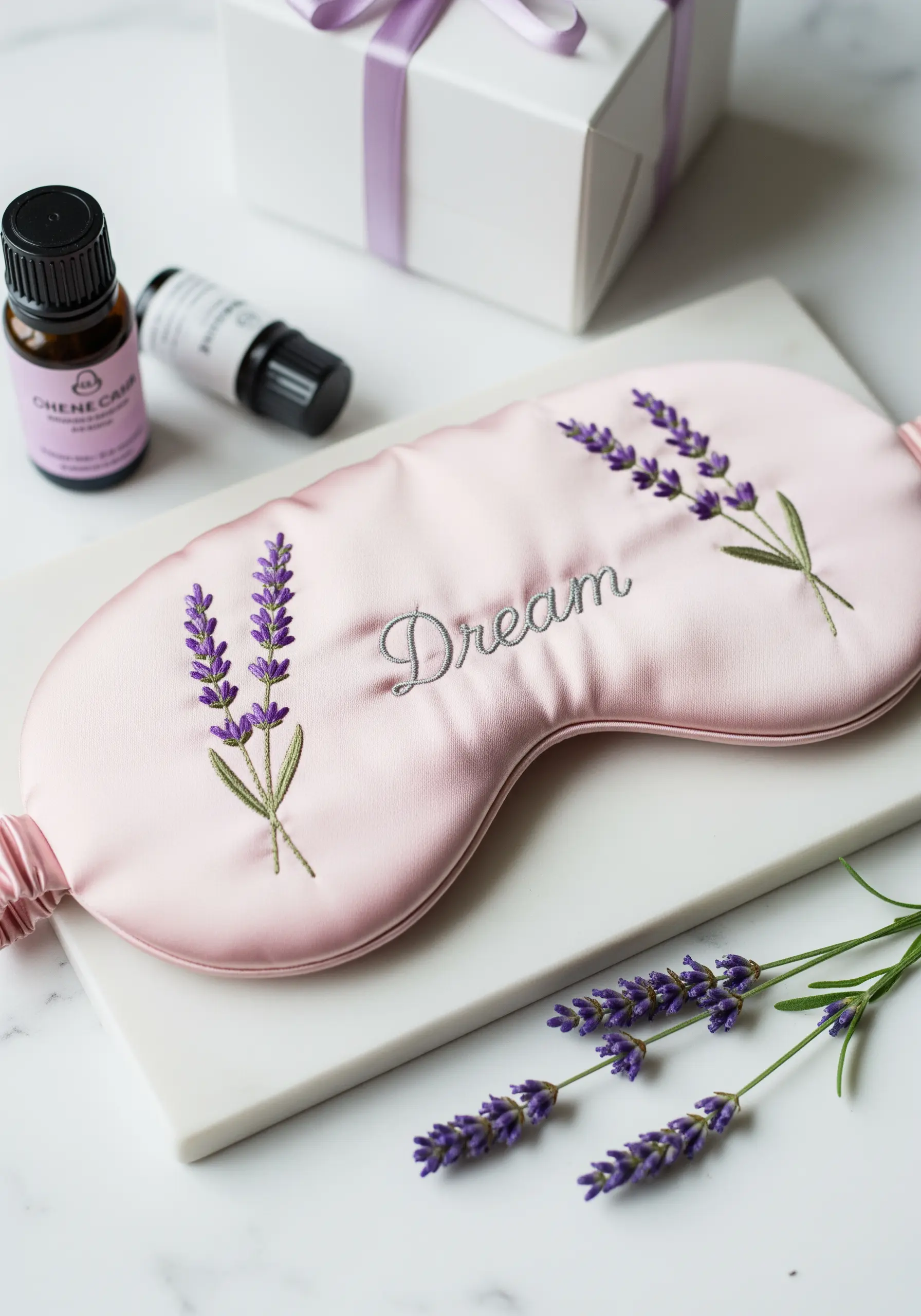 A pink silk sleep mask delicately embroidered with lavender sprigs and the word 'Dream'.