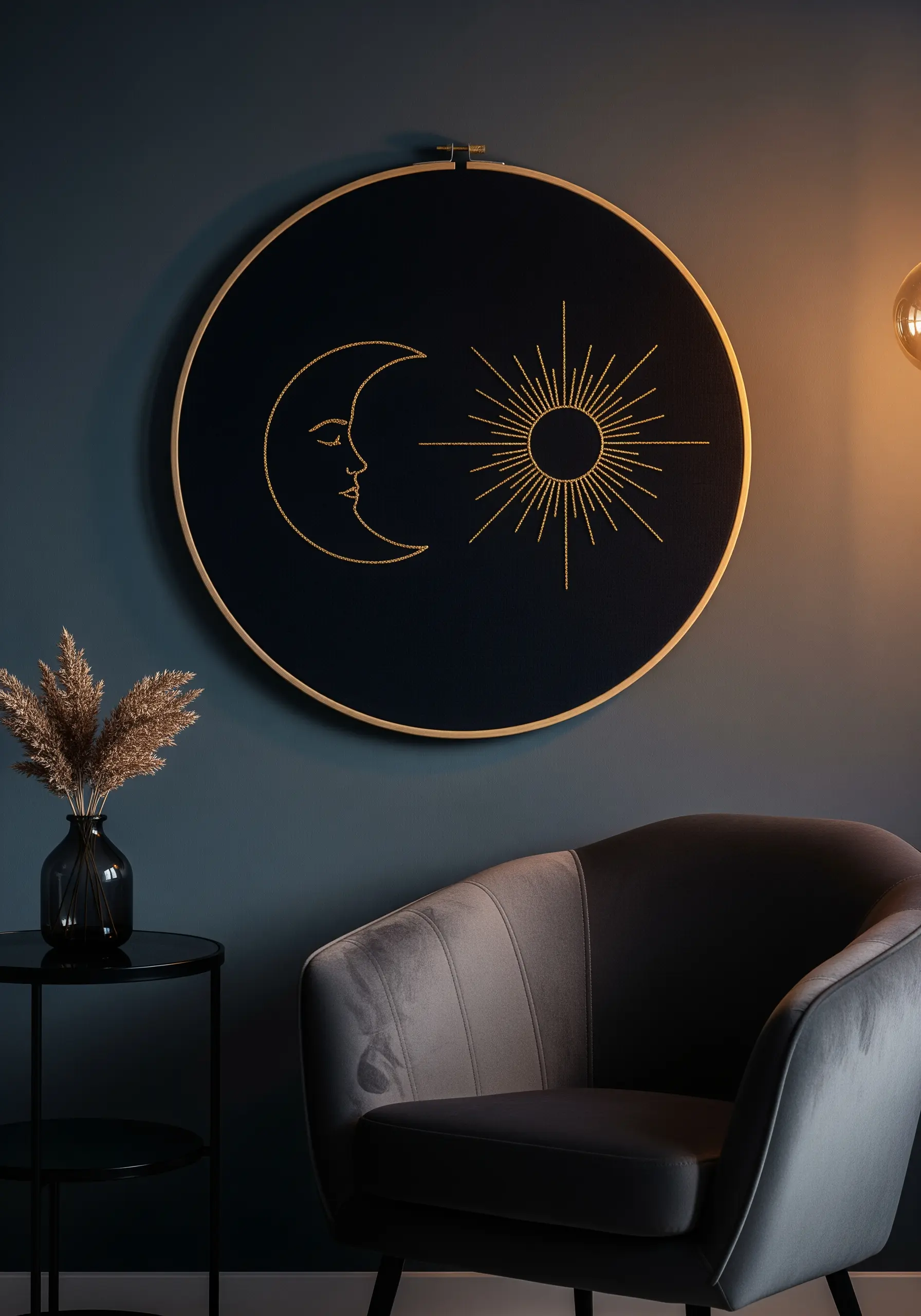 A gold metallic thread sun and moon design embroidered on dark fabric.