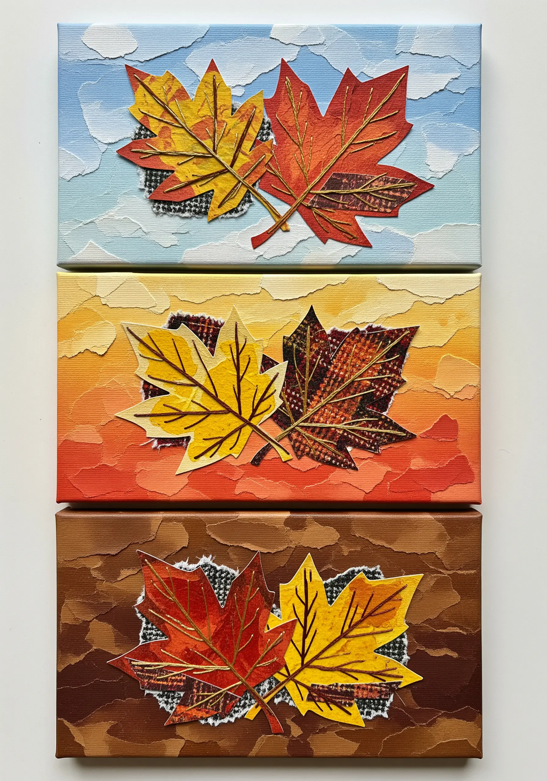 Three canvases with collaged autumn leaves detailed with stitched gold thread veins.