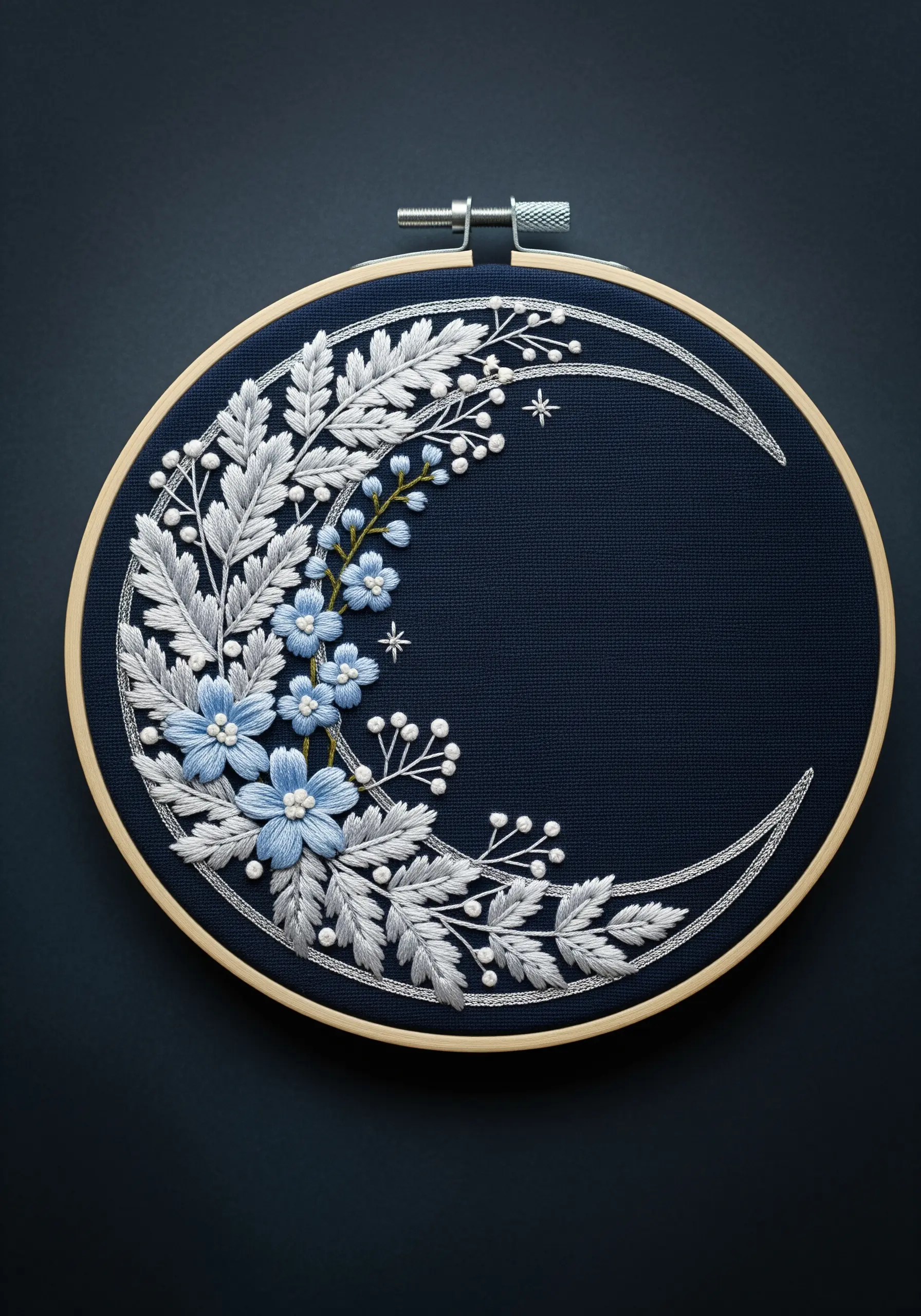 An embroidered crescent moon on dark blue fabric, filled with silver leaves and blue flowers.