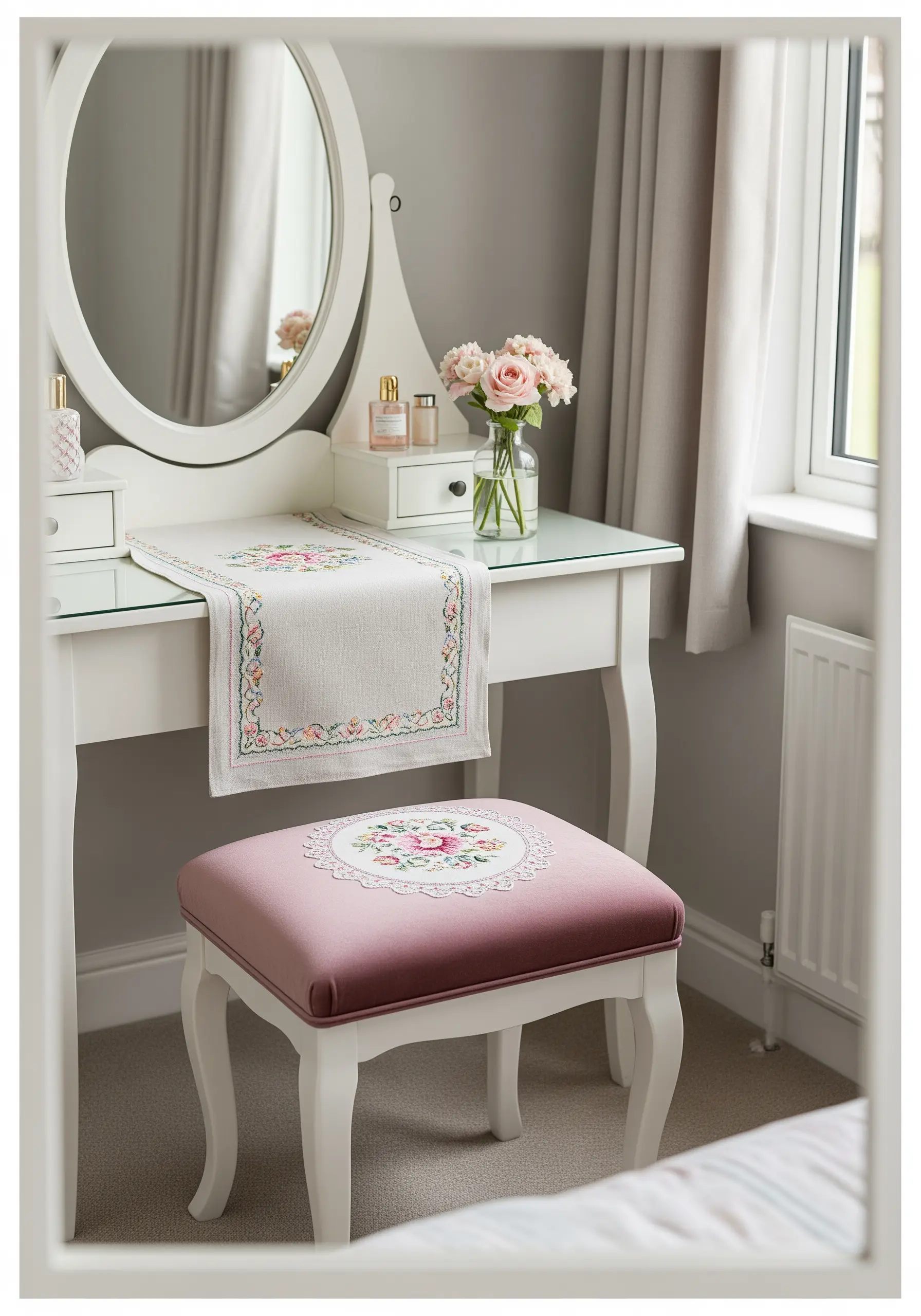 A vanity stool and table runner with traditional rose bouquet cross-stitch embroidery.