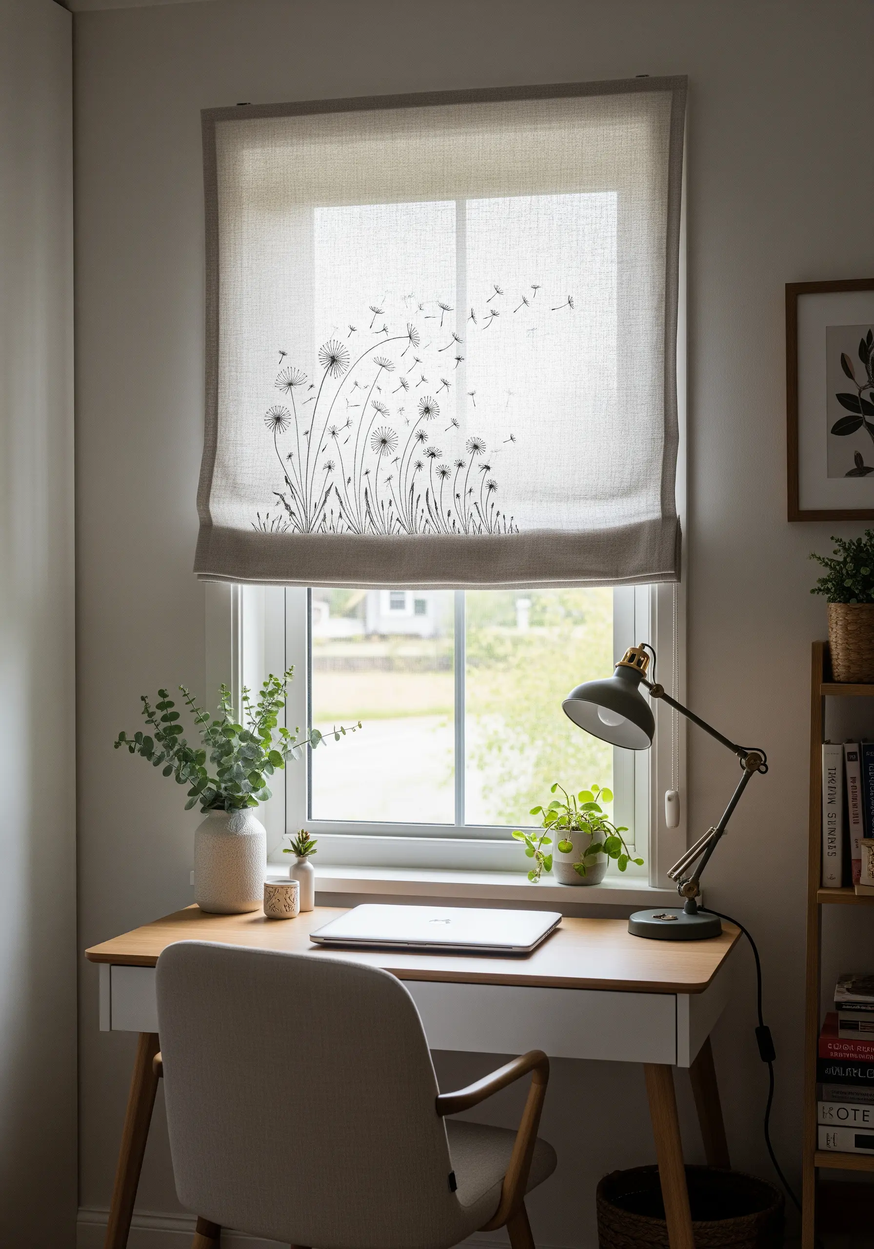 Delicate dandelion embroidery in black thread on a neutral linen window blind.