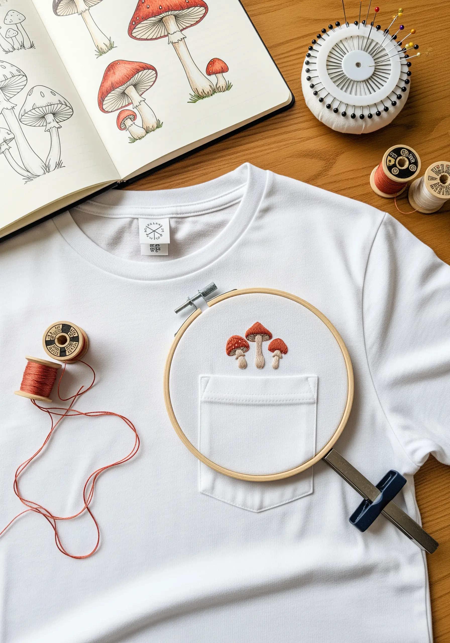 Three small, detailed mushrooms embroidered above the pocket of a white t-shirt.