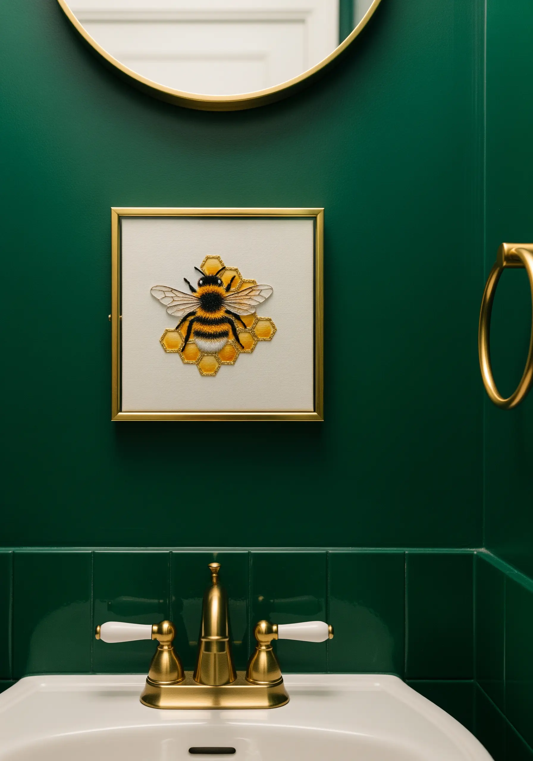 A small framed embroidery of a bee on a honeycomb, featuring a 3D fuzzy body