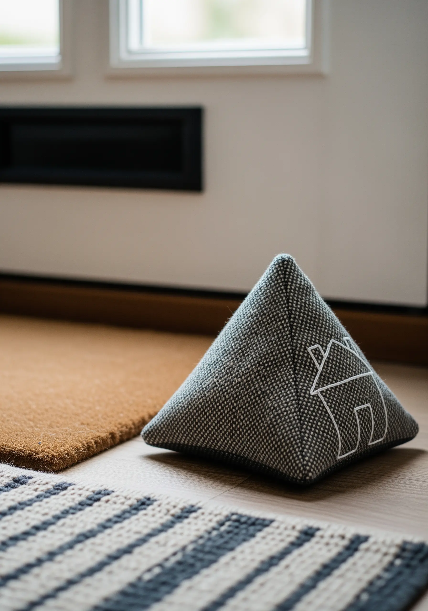 A simple white line-art house embroidered on a pyramid-shaped tweed doorstop.