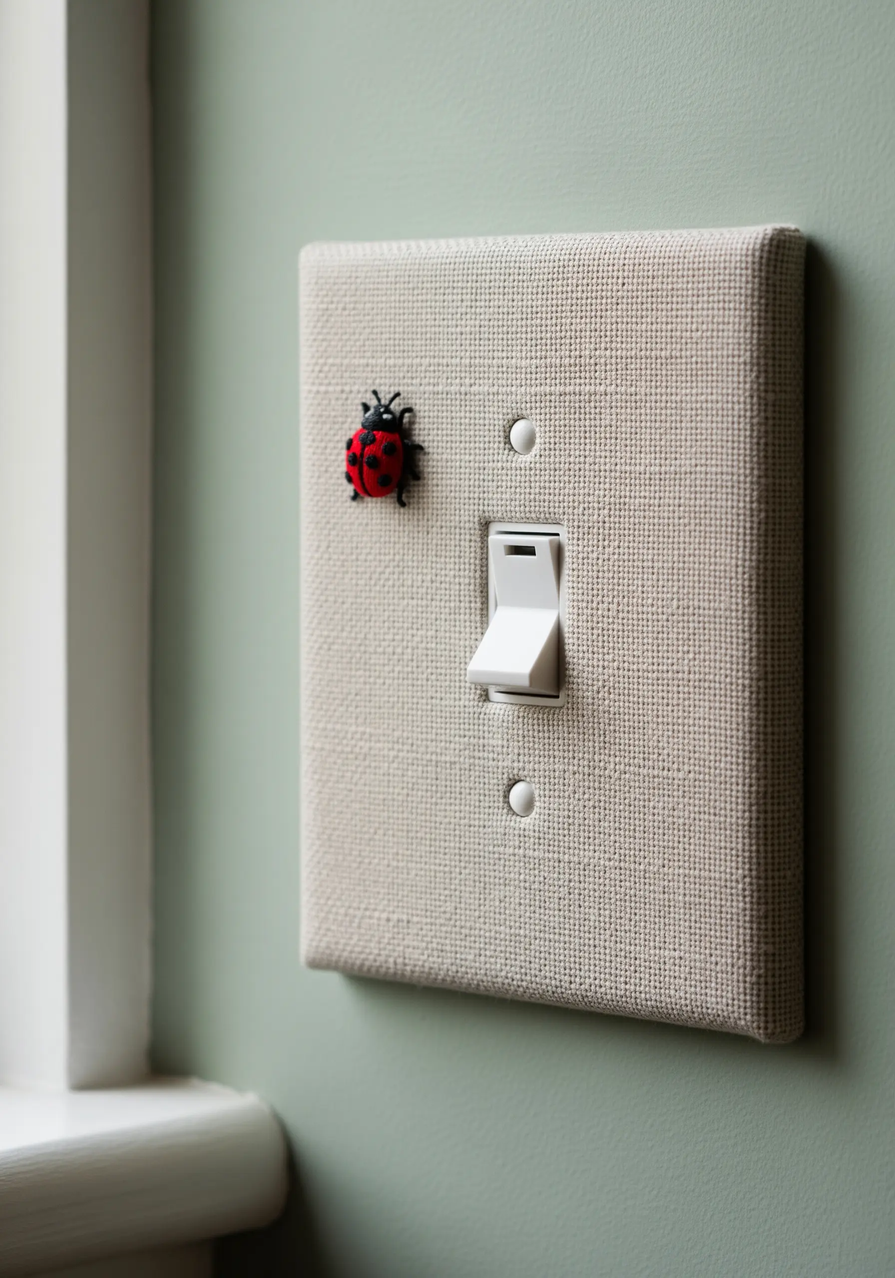A fabric-covered light switch plate featuring a small, 3D embroidered ladybug.