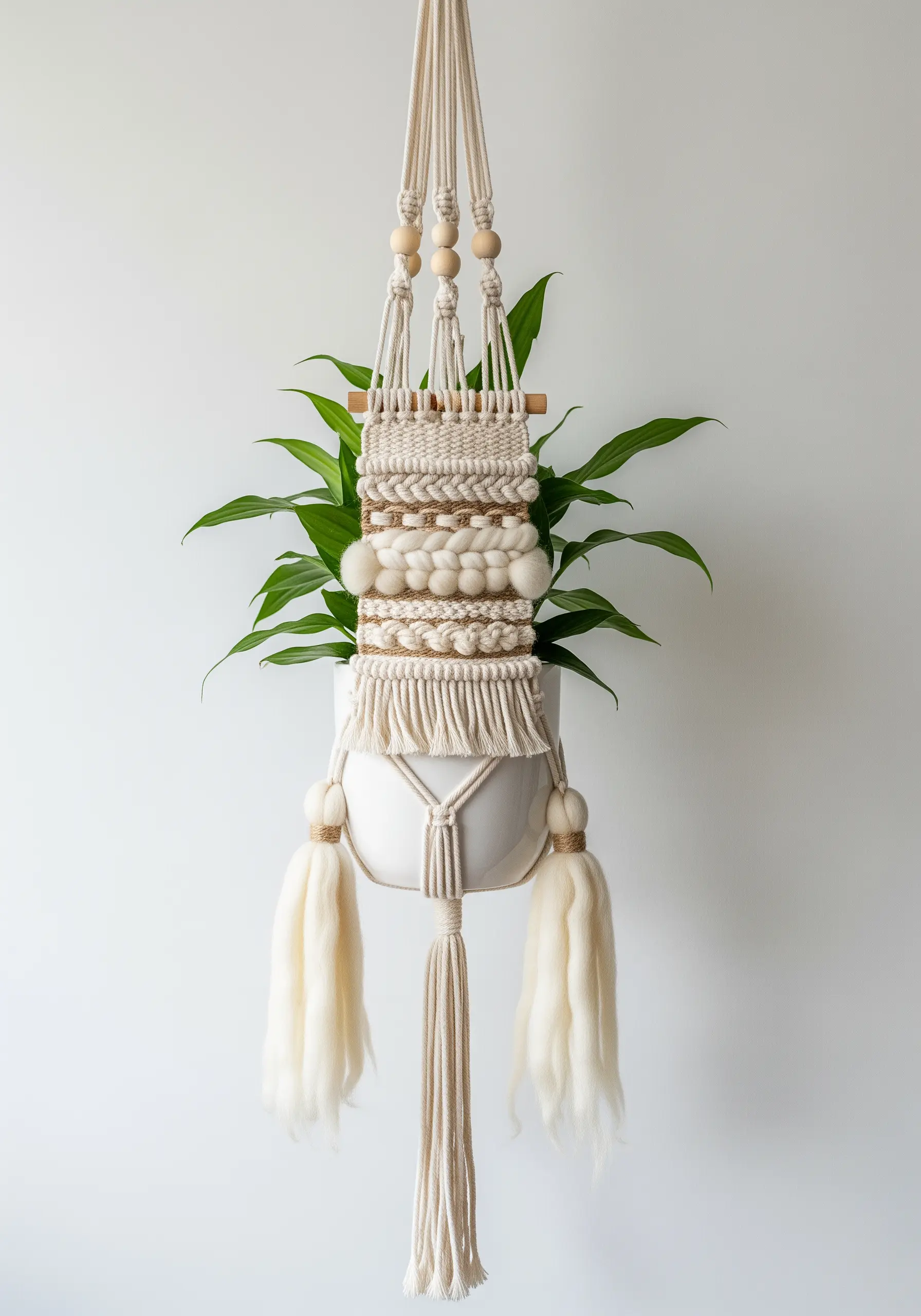 Macramé plant hanger with an integrated woven panel featuring bobbles and thick yarn.