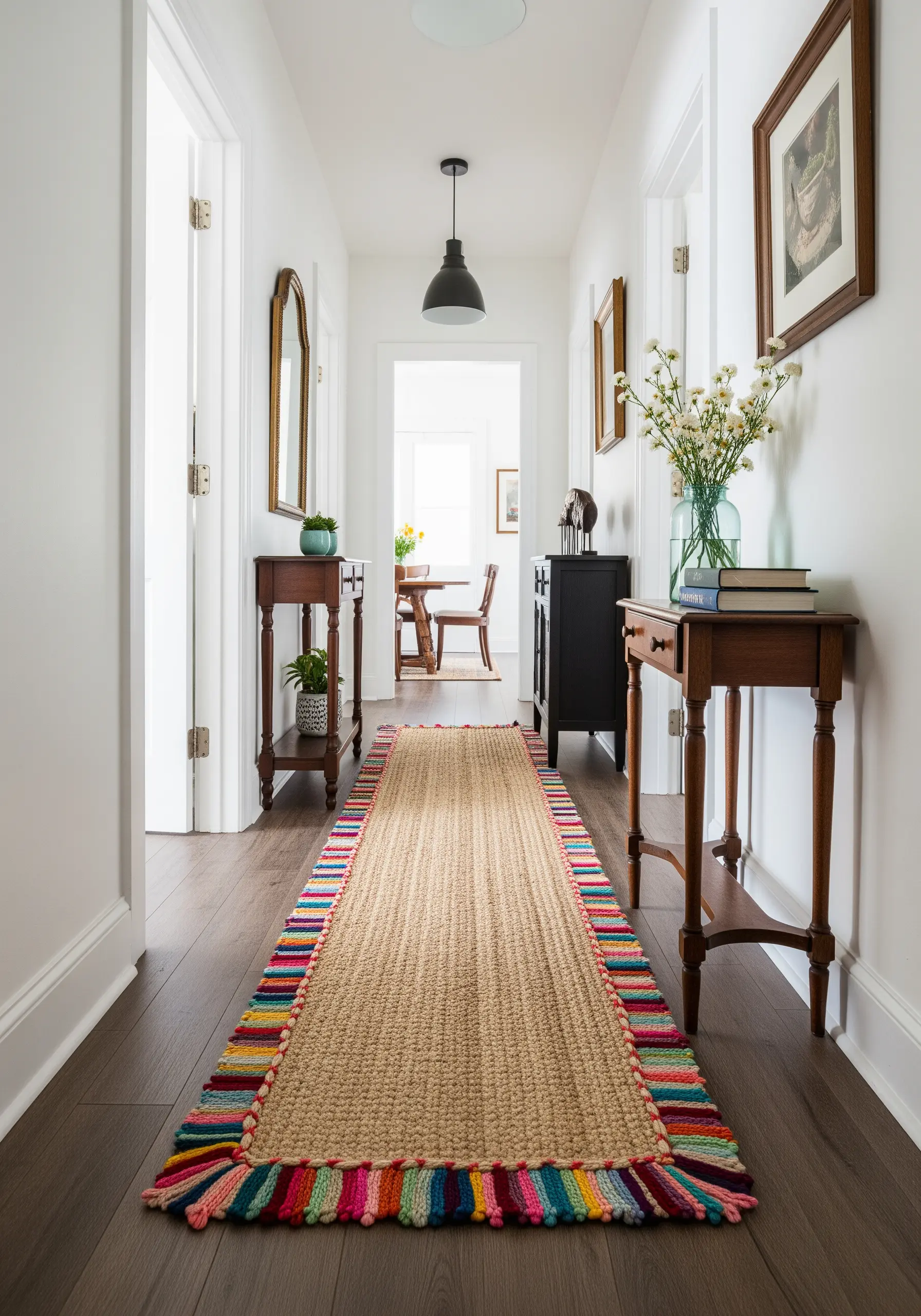 A jute hallway runner with a colorful, loopy yarn border in rainbow colors.