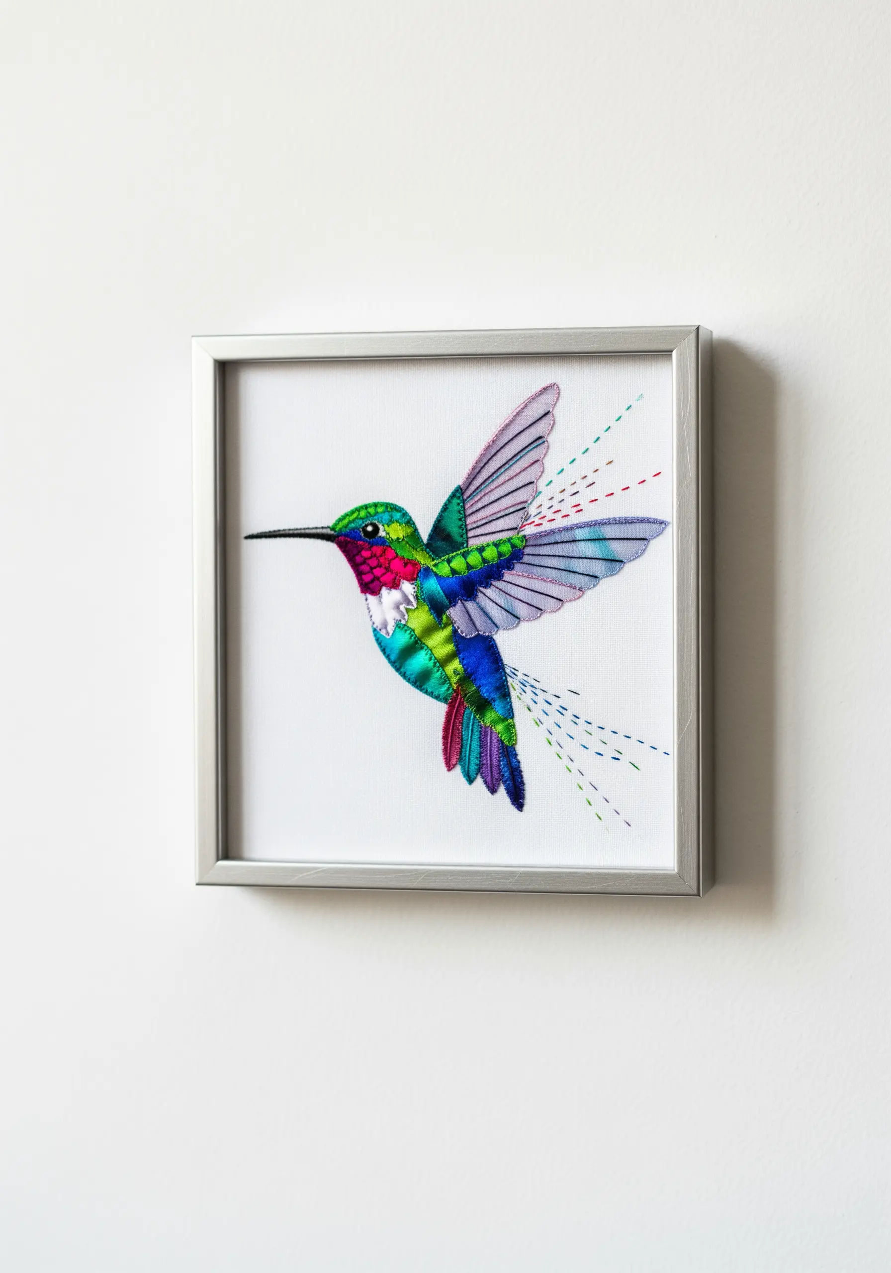 A hummingbird made from colorful fabric scraps with radiating stitches to show wing movement.