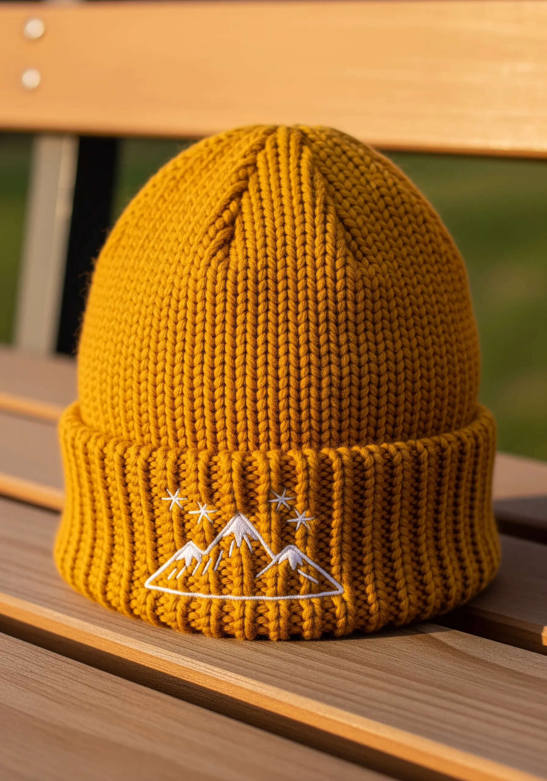 Minimalist white line art of mountains and stars embroidered on a yellow knit beanie.