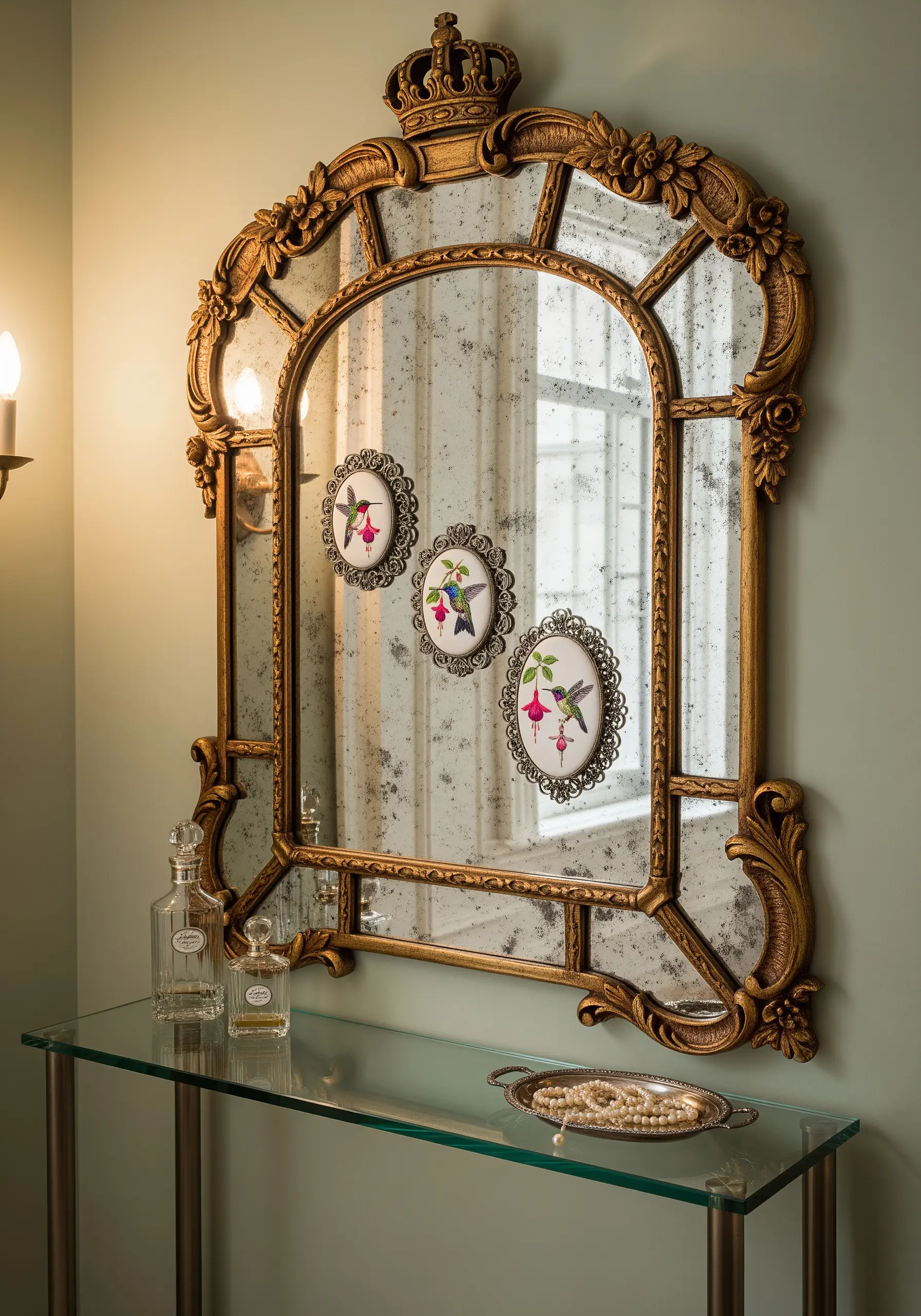 Three small oval embroideries of hummingbirds and flowers attached to the surface of a large antique mirror.