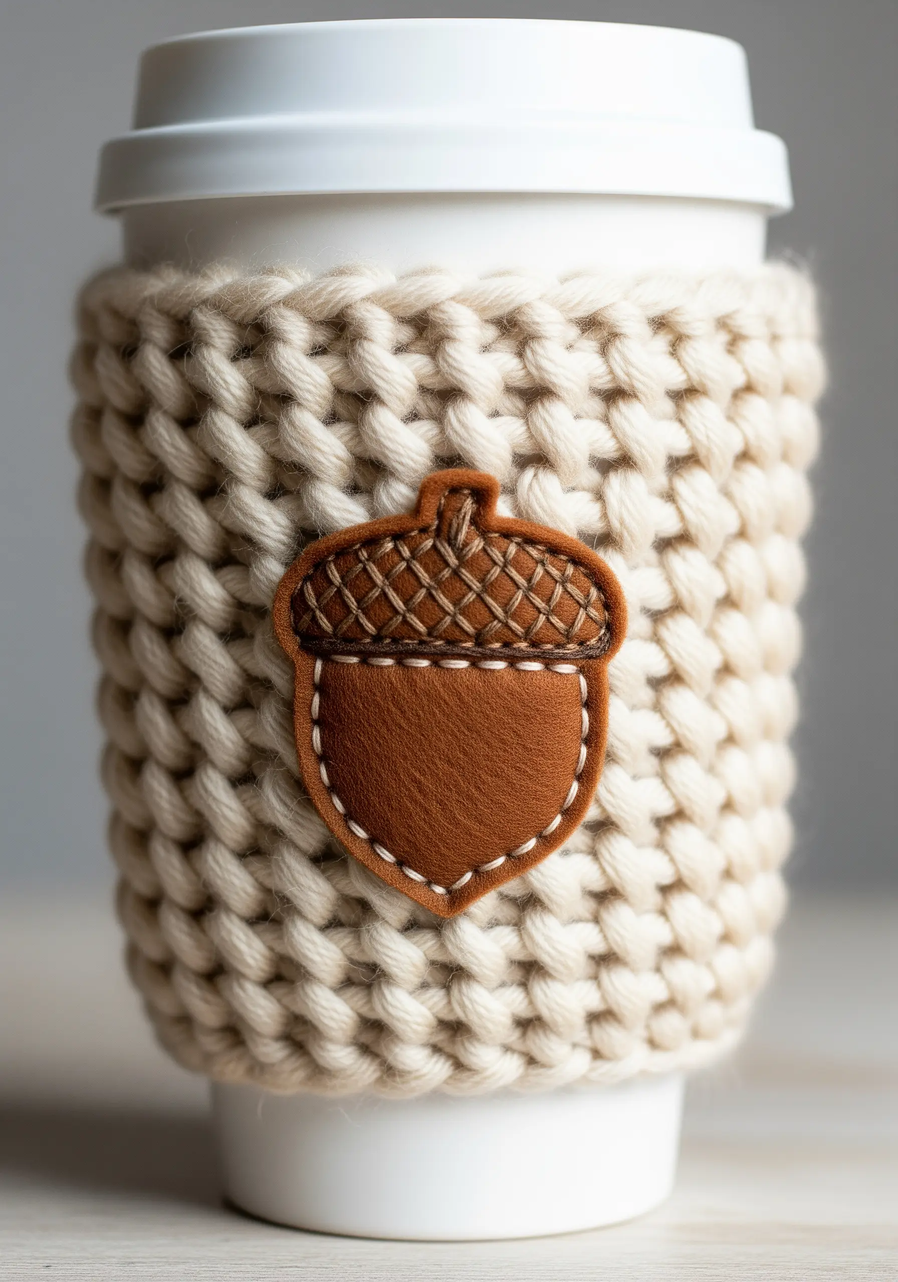 Knitted coffee sleeve with a hand-stitched felt appliqué of an acorn.