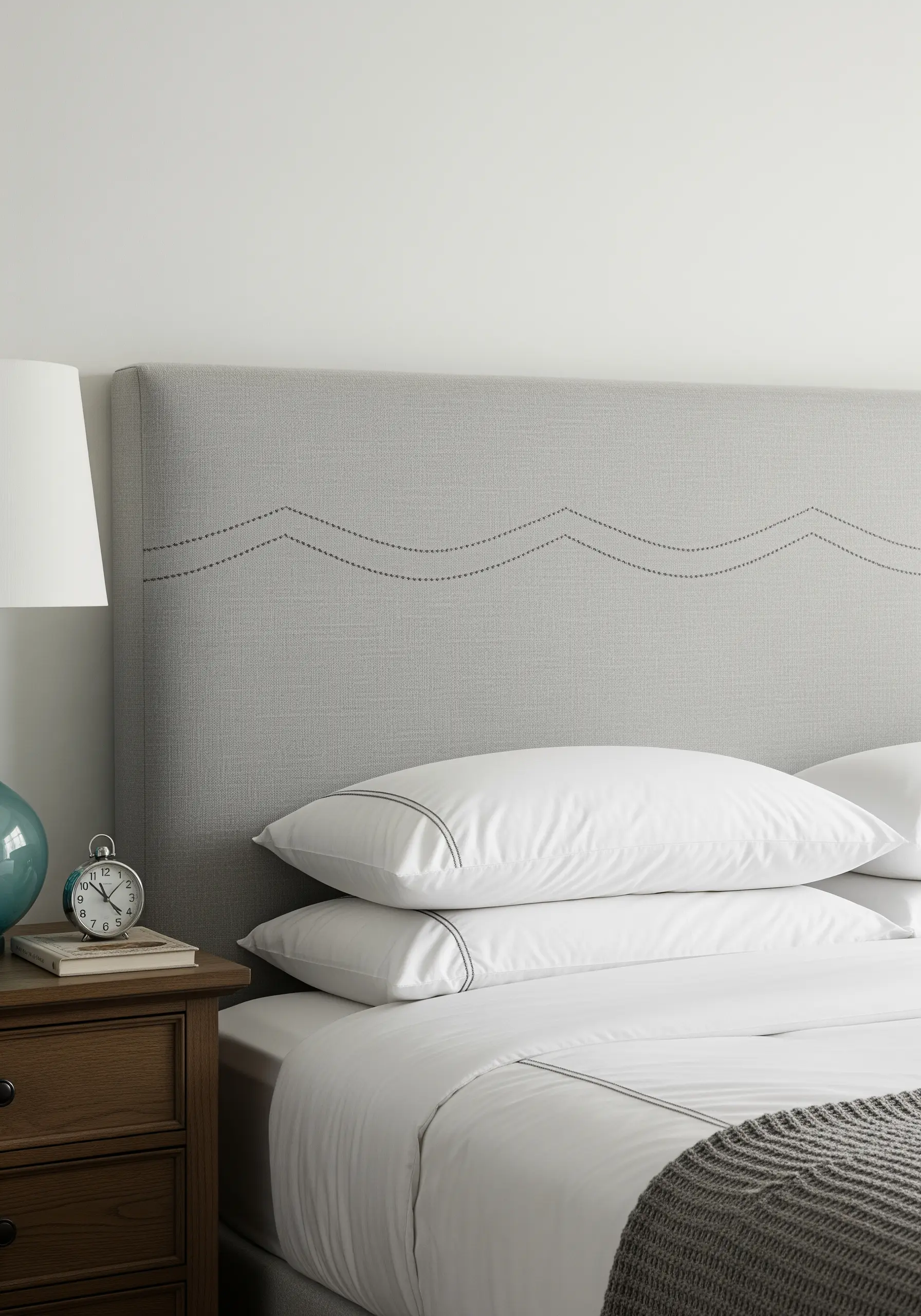 A grey upholstered headboard with a minimalist wave pattern stitched in dark thread.