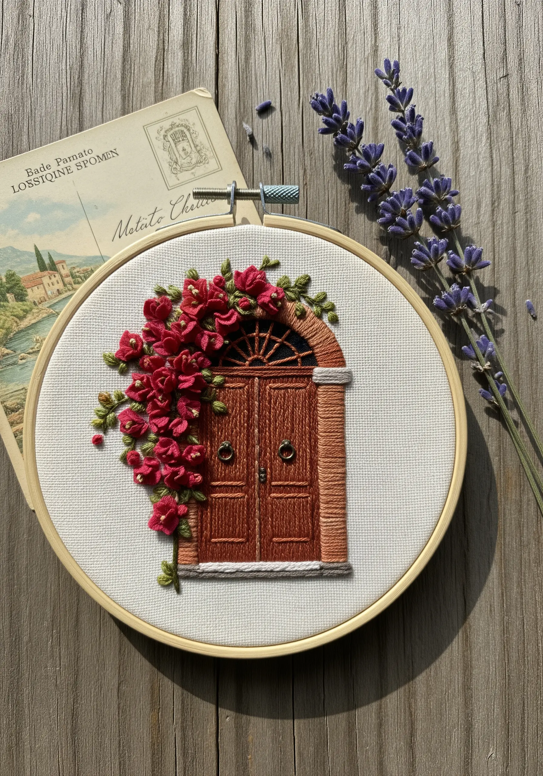 Embroidered wooden door with 3D red bougainvillea flowers climbing over an archway.