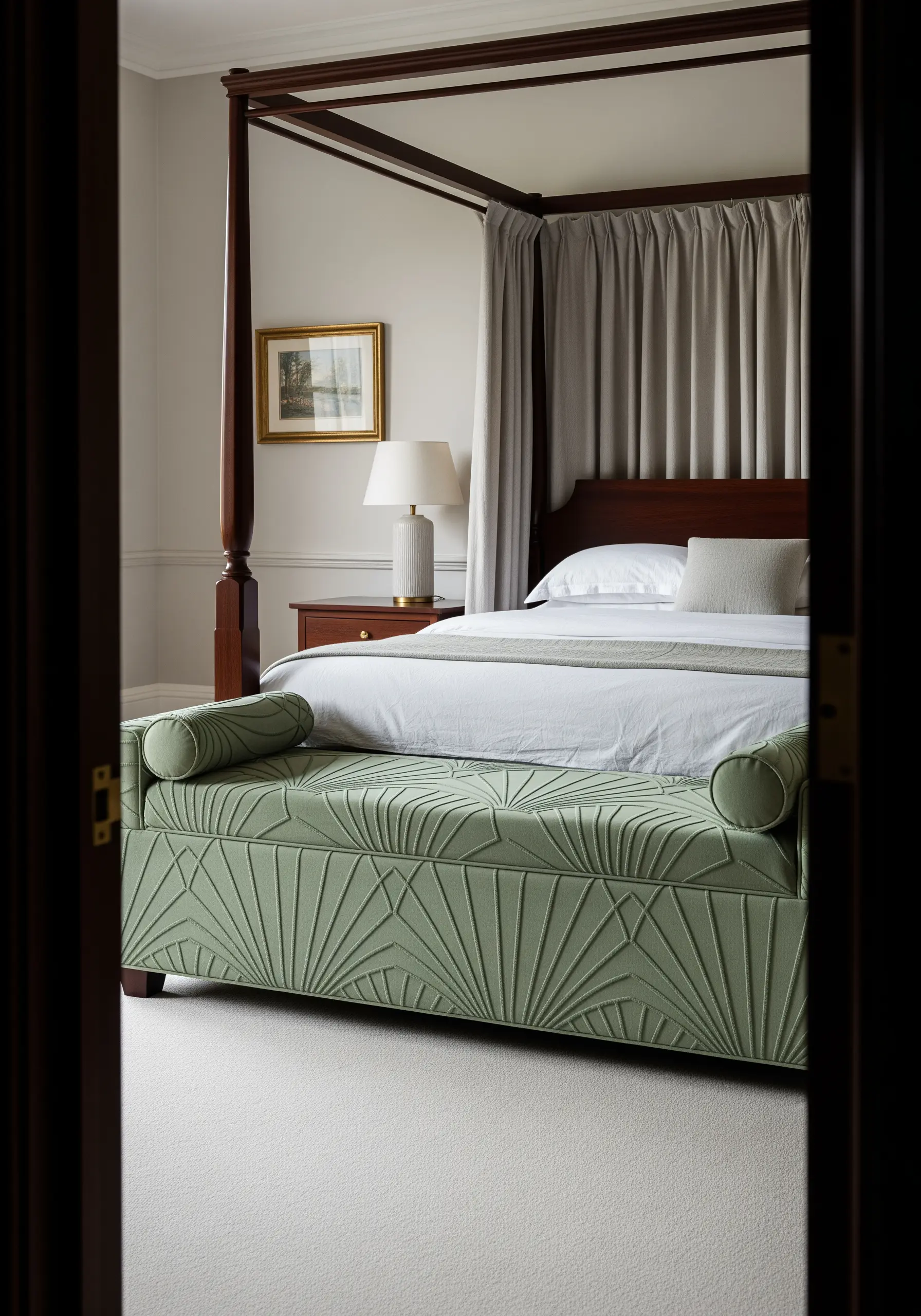 A sage green upholstered bench with an embroidered Art Deco fan pattern.