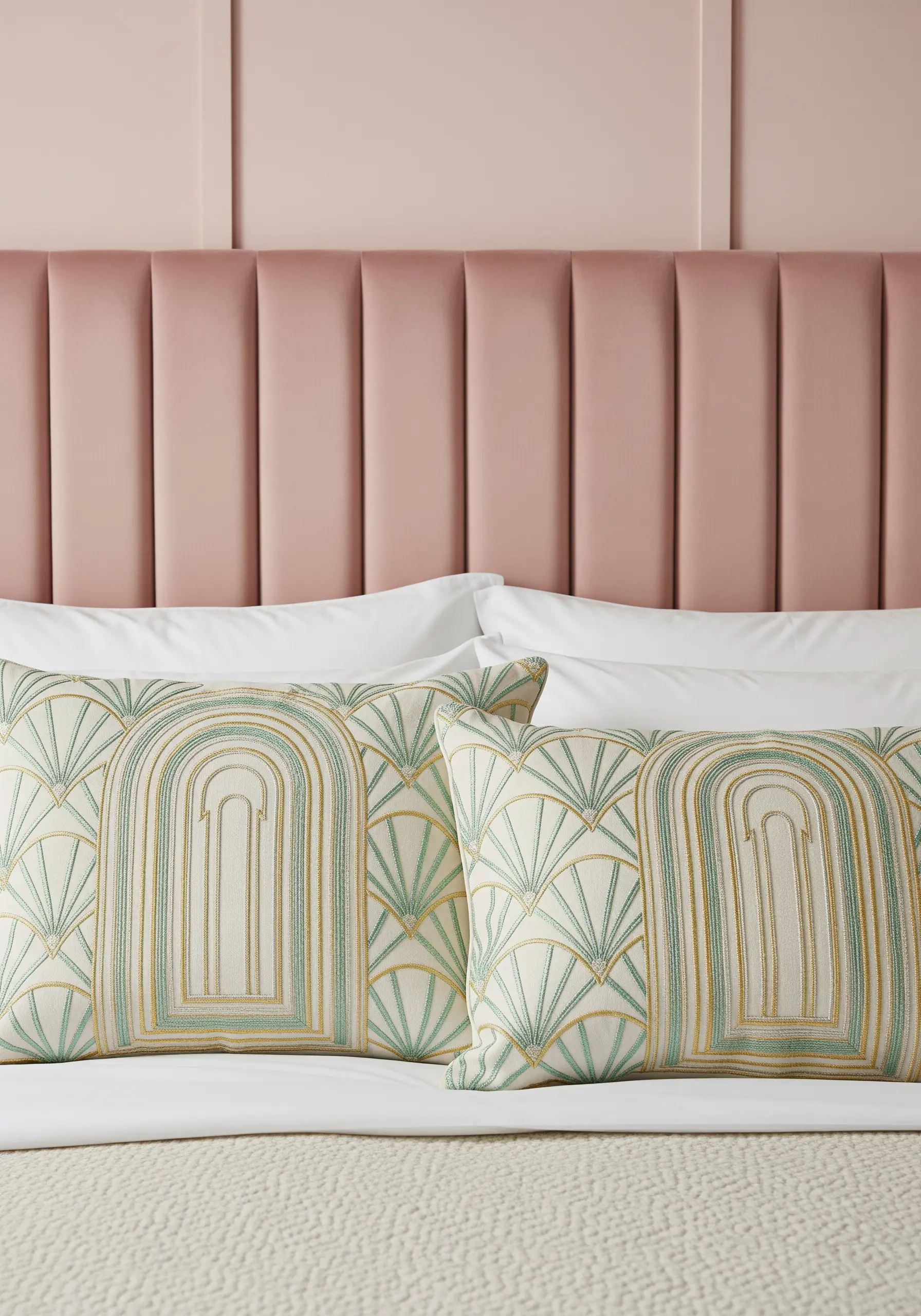 Art Deco style embroidery in mint green and gold on two white decorative pillows.