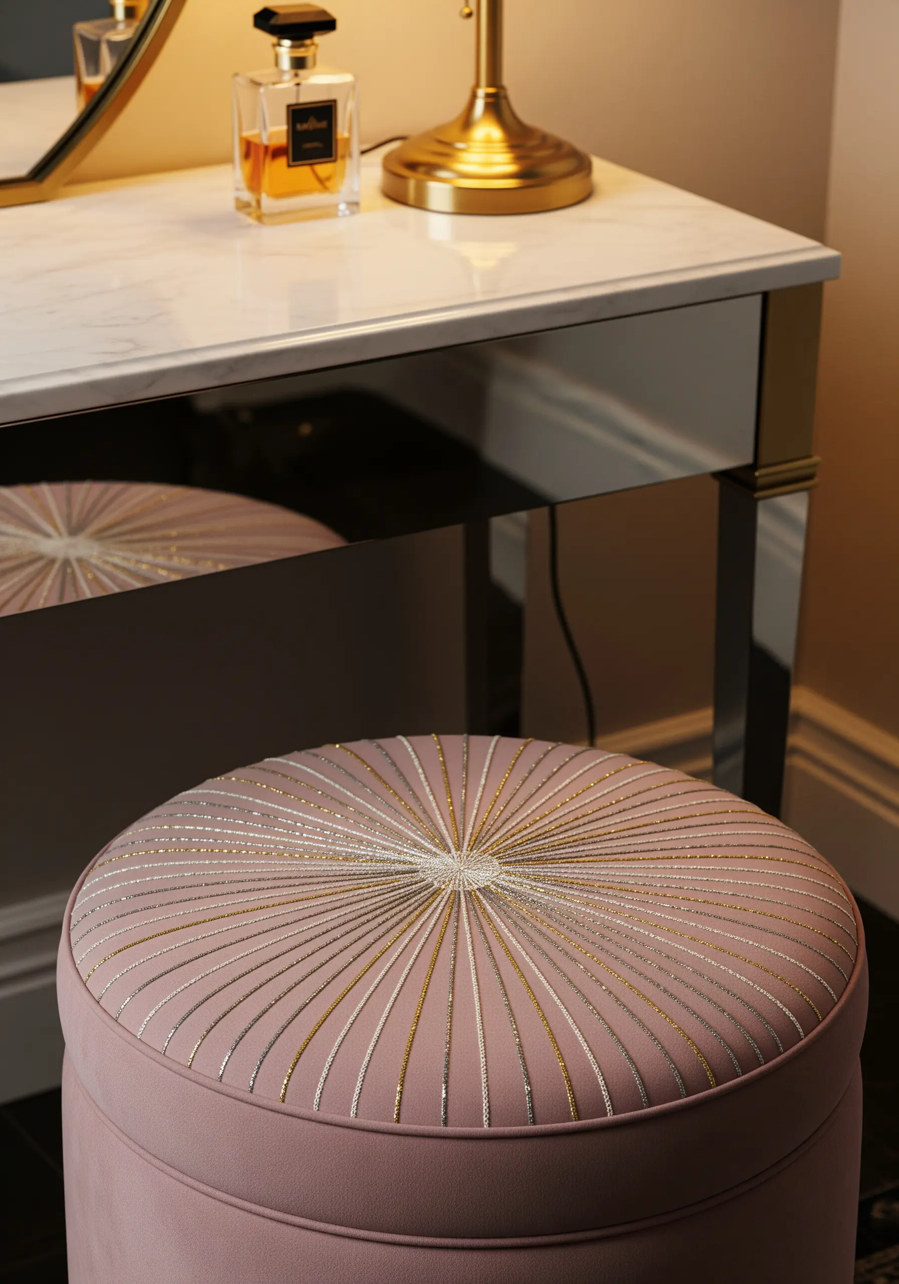 A geometric sunburst embroidered in silver and gold thread on a pink vanity stool.