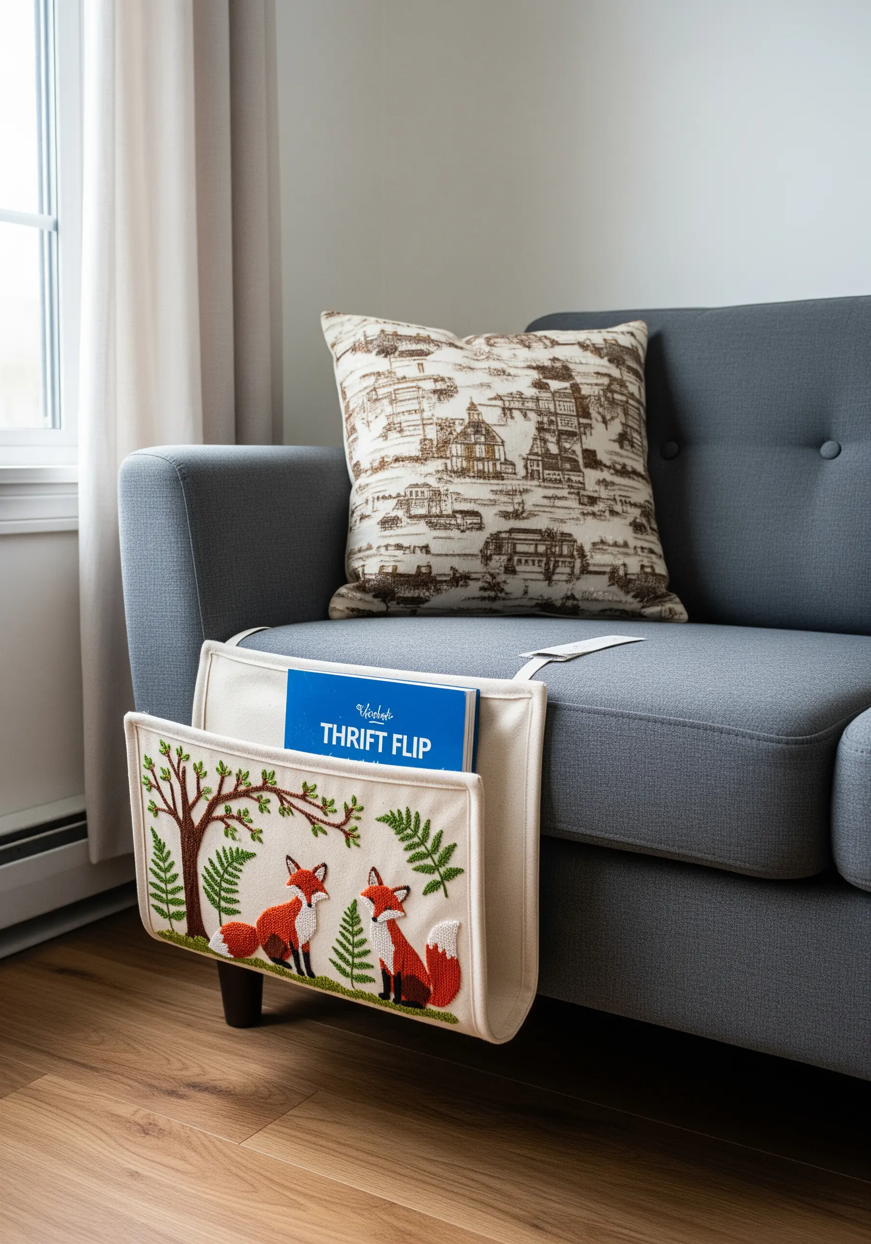 A sofa caddy with an embroidered scene of two foxes and a tree.