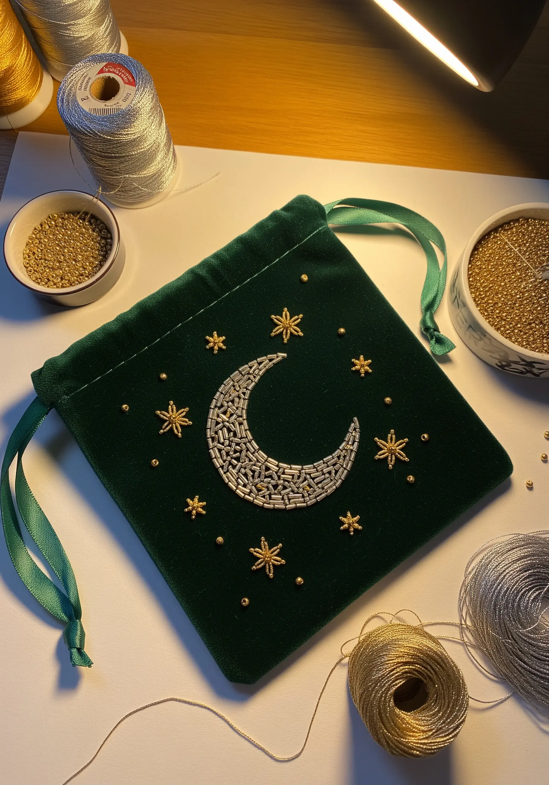 A beaded crescent moon and metallic gold stars on a dark green velvet pouch.
