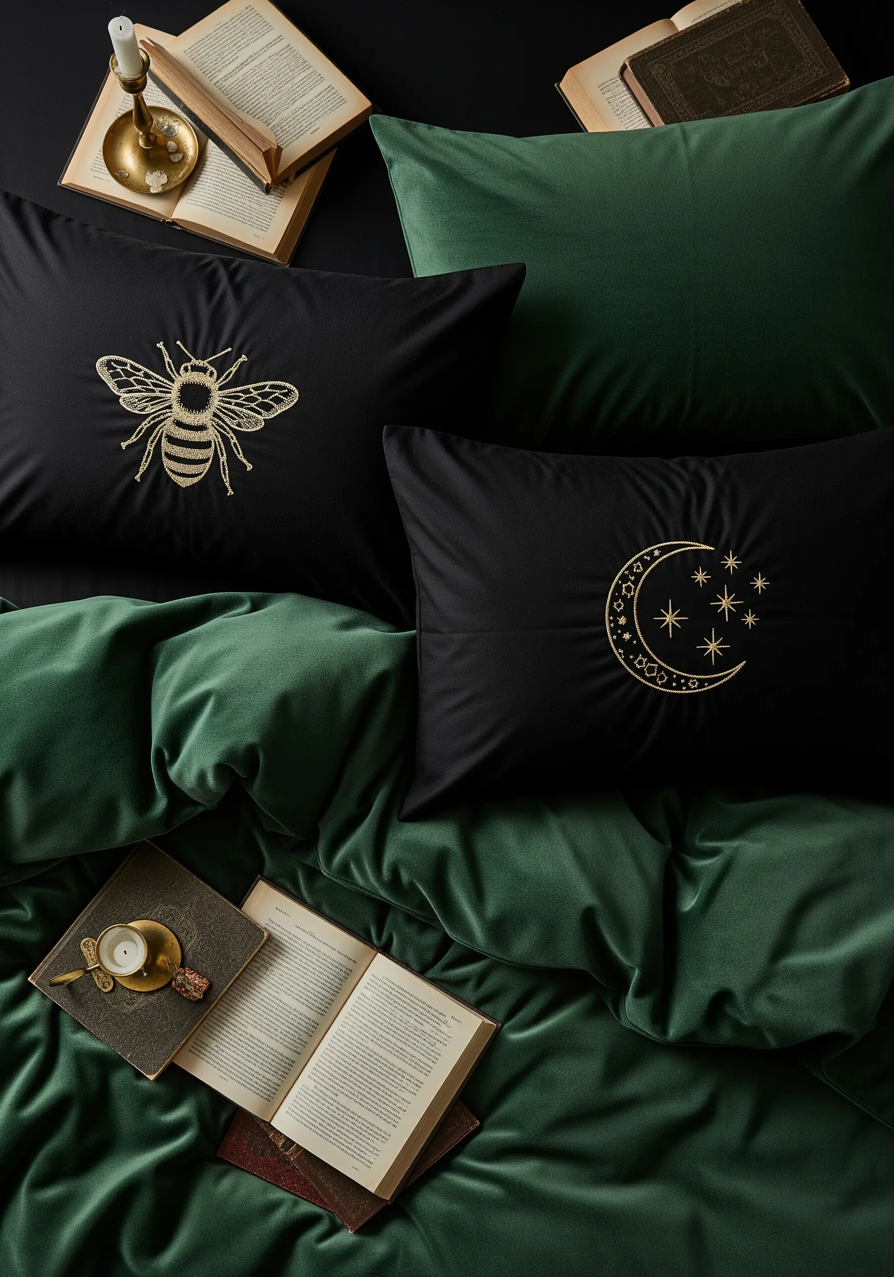 Black pillowcases embroidered with a gold metallic thread bee and a crescent moon with stars.