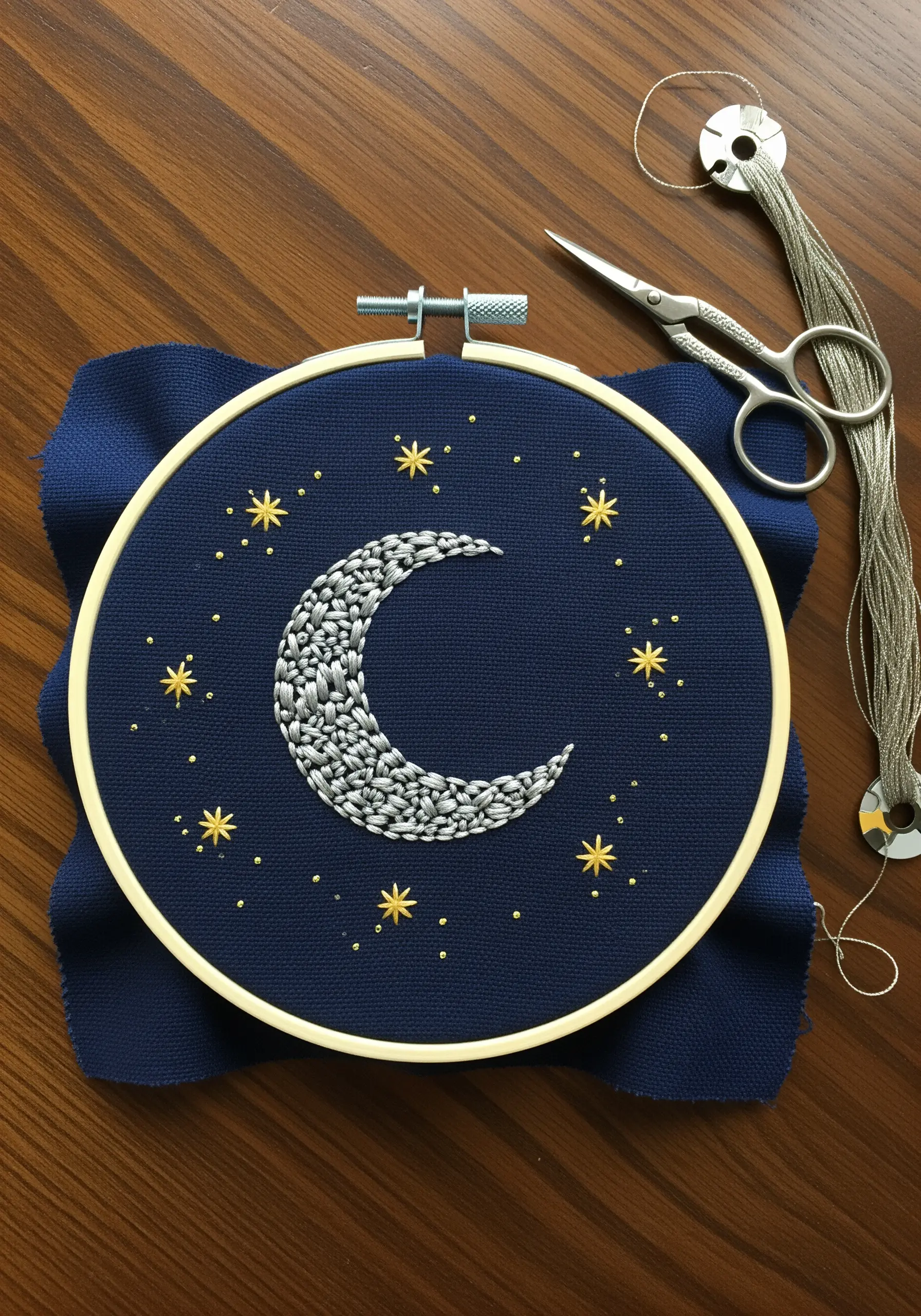 Embroidered crescent moon filled with silver seed stitches and tiny gold stars on navy fabric.
