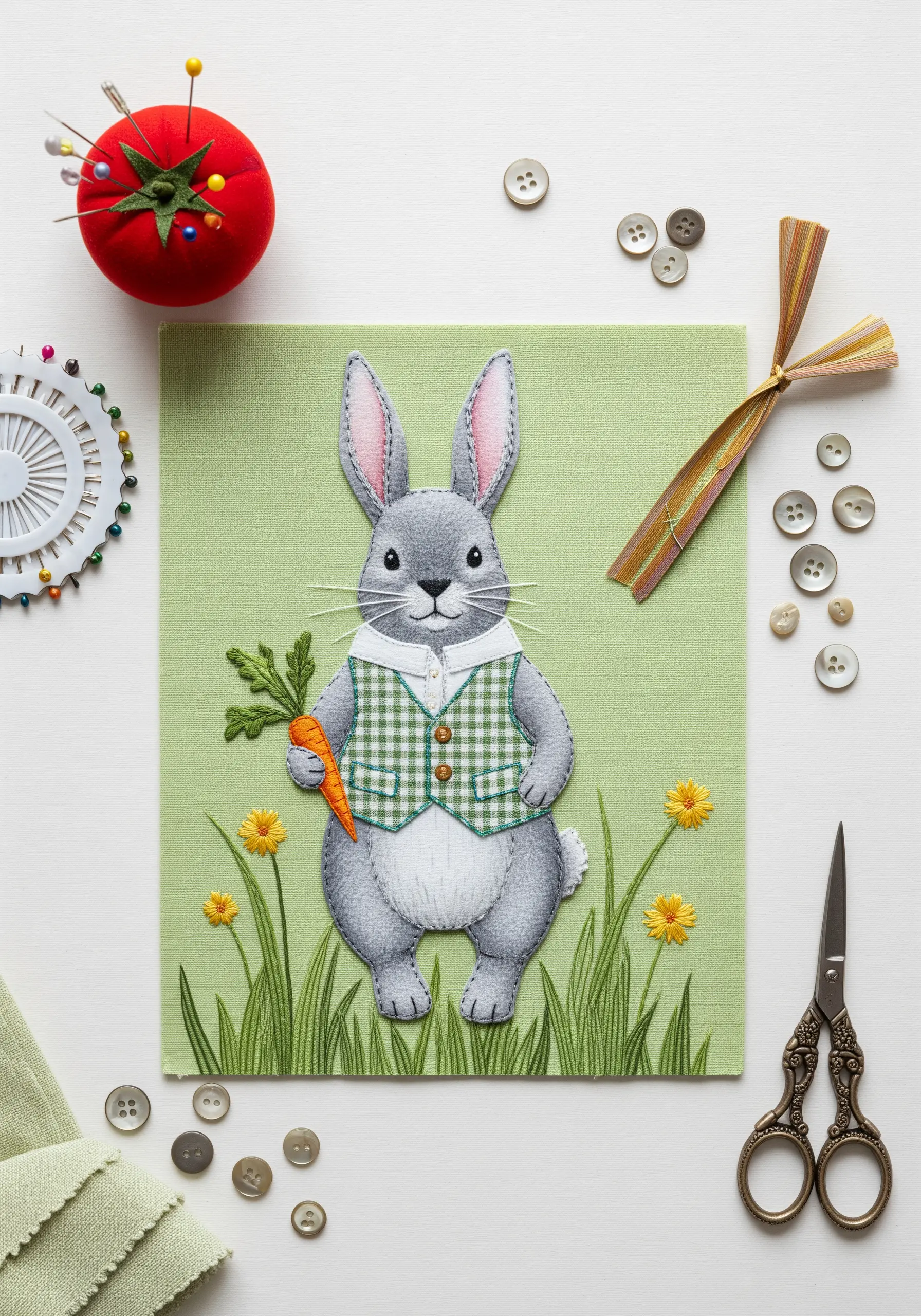 Appliqué of a rabbit wearing a green gingham waistcoat, holding a carrot.