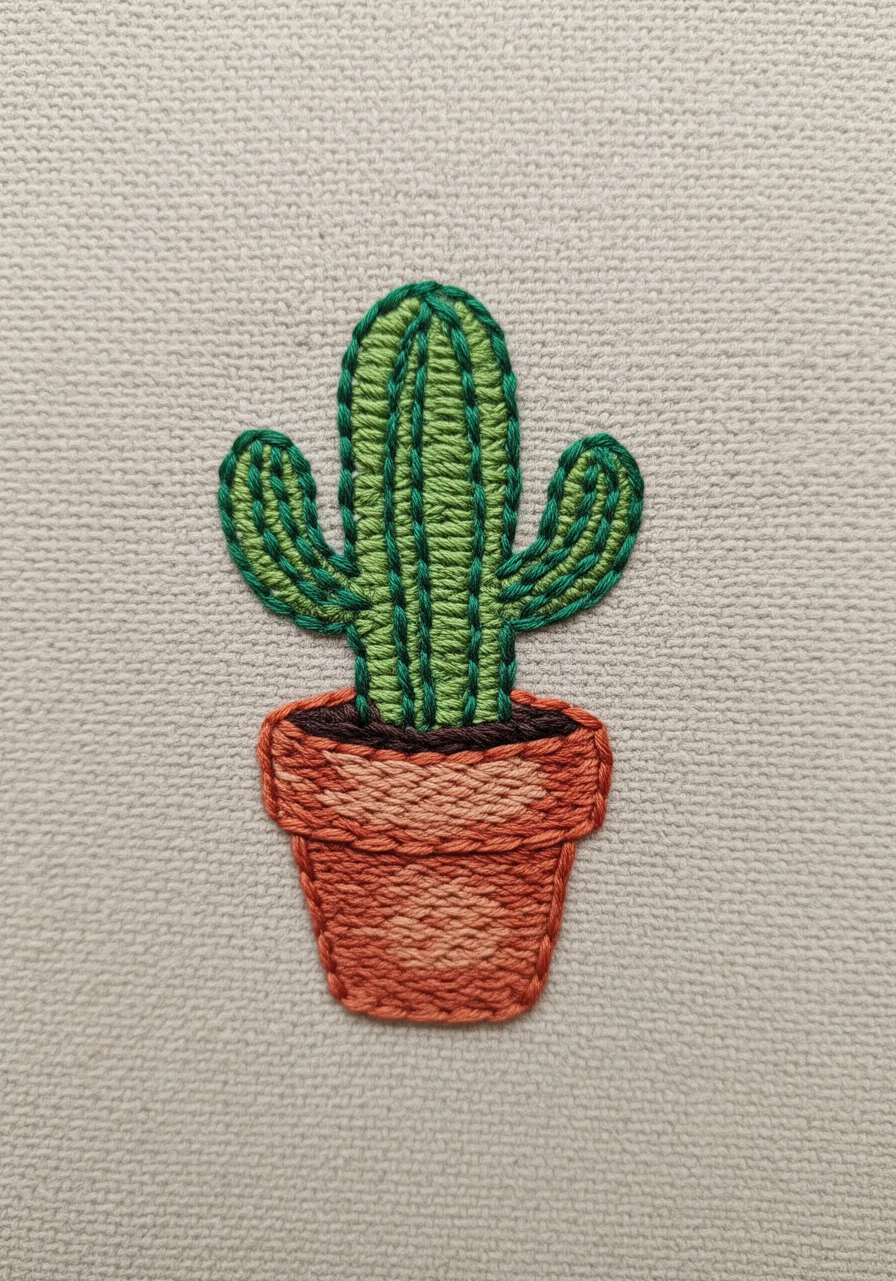 A potted cactus embroidered with blended green and terracotta threads and dark outlines.