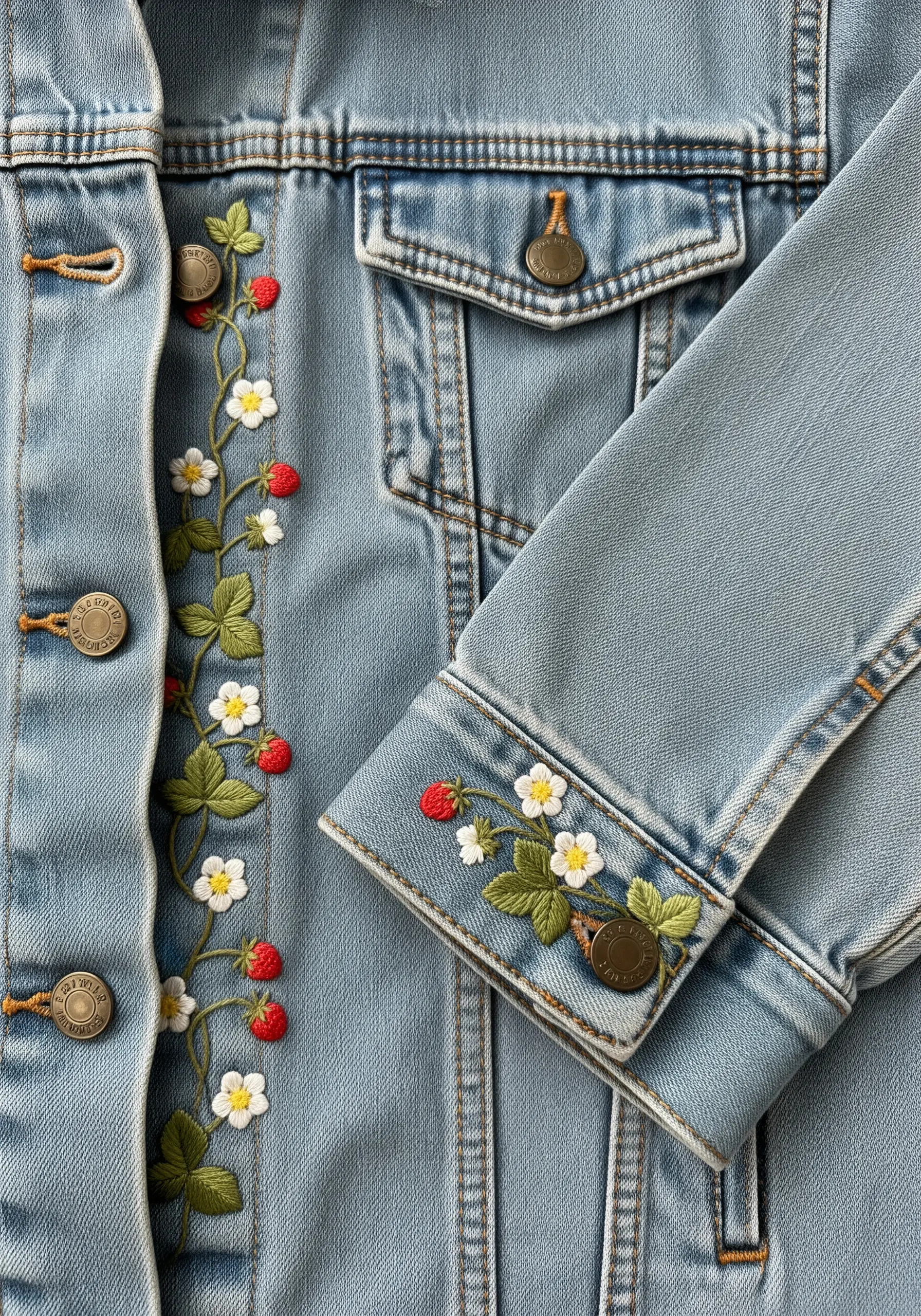 A delicate strawberry vine embroidered along the front placket and cuff of a denim jacket.