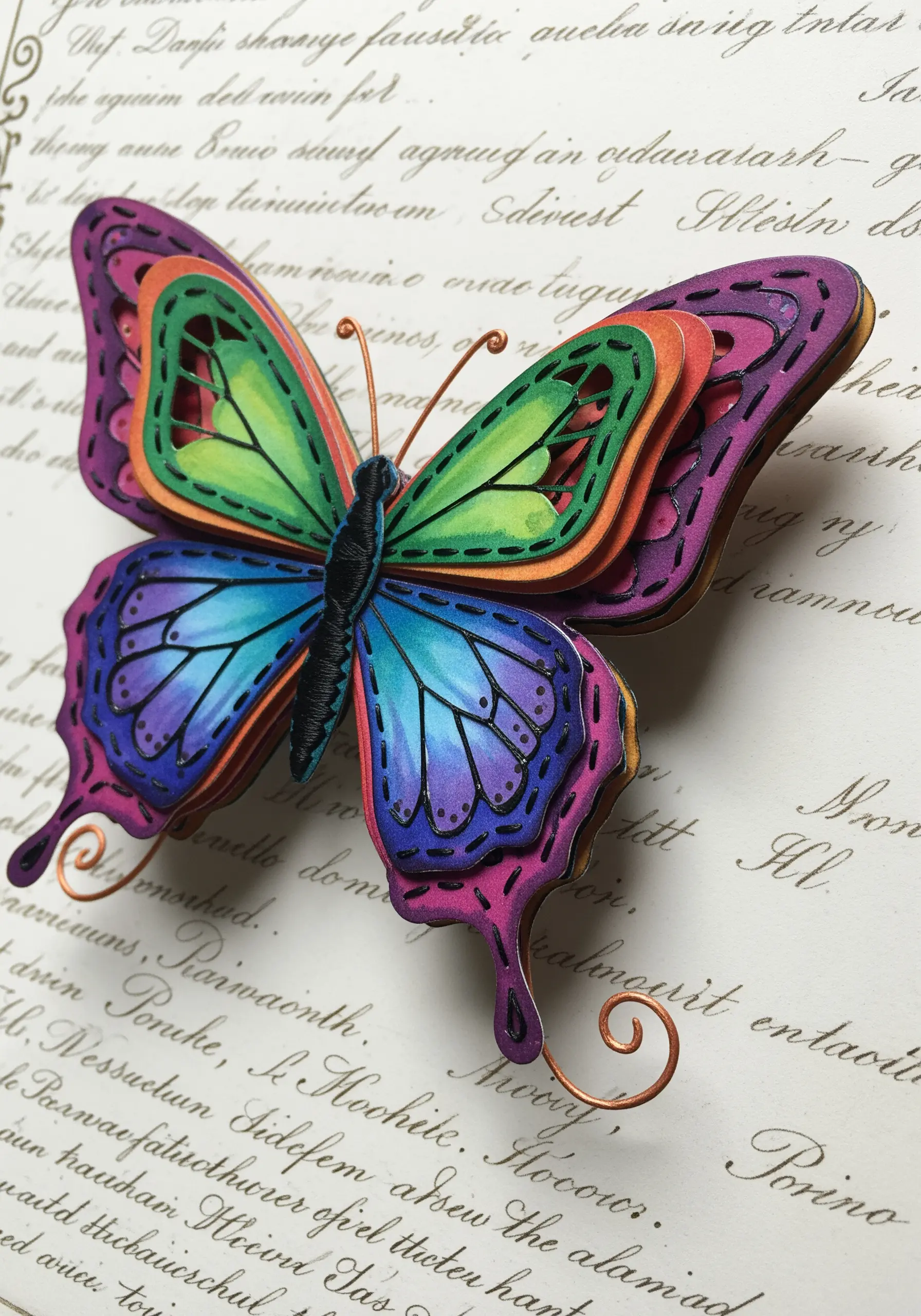 A colorful, layered paper butterfly with a satin-stitched body for added definition.