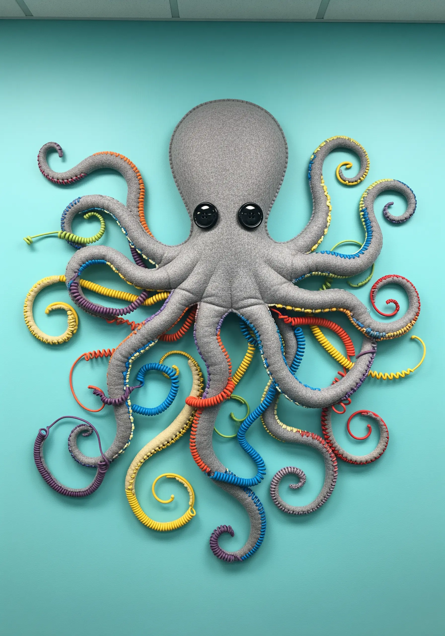 A large, gray felt octopus wall hanging with colorful, embroidered tentacles.