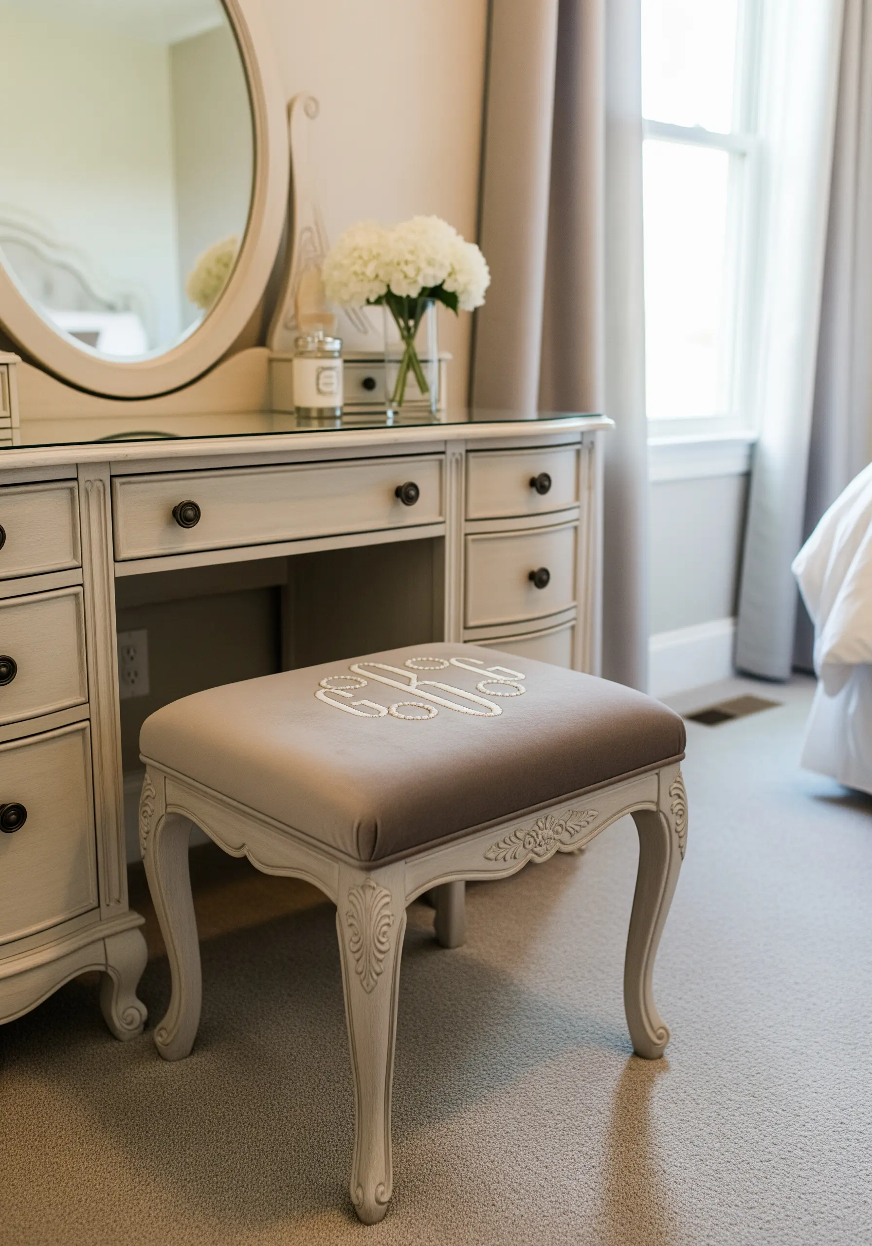 An elegant, ornate monogram on a taupe velvet stool, embellished with tiny seed stitches.