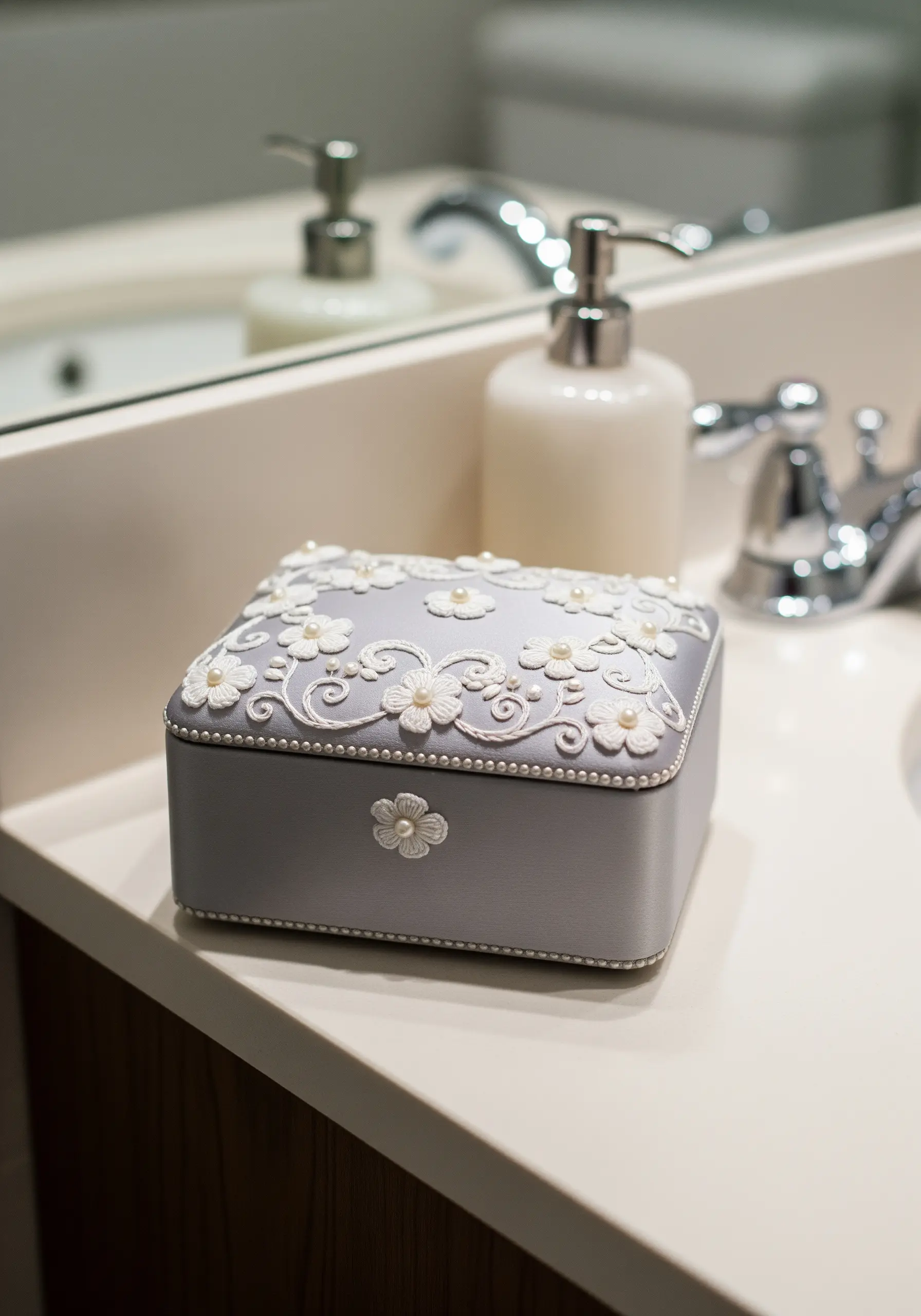 Tone-on-tone white floral embroidery with pearl details on a gray jewelry box.