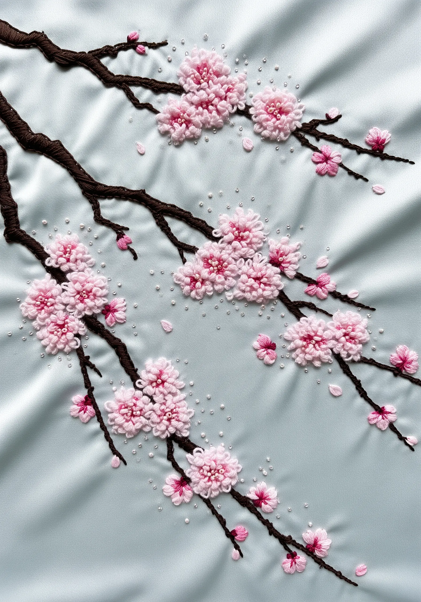 Embroidered cherry blossom branches with French knots and seed beads on light blue satin.