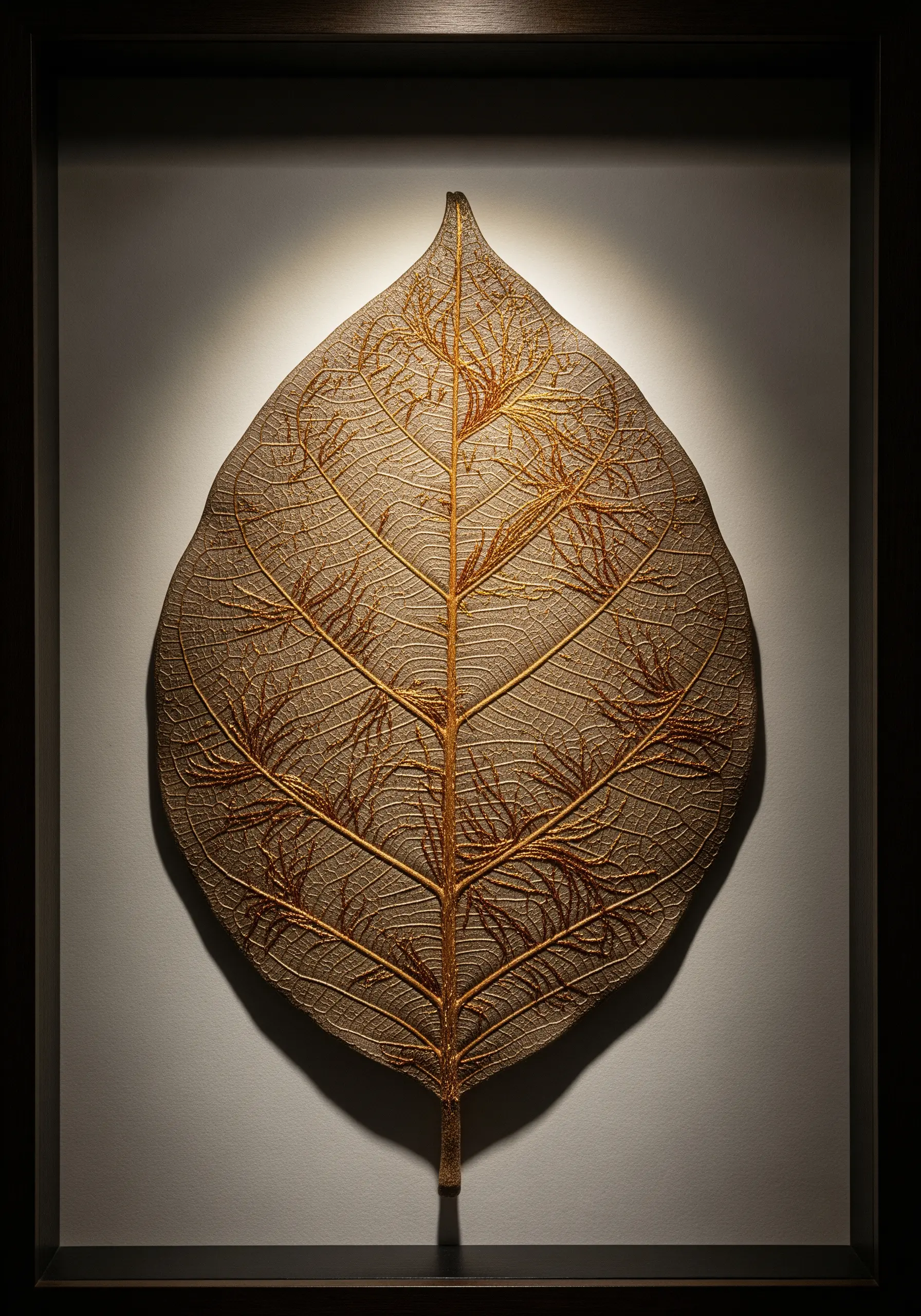A large, dried skeleton leaf delicately embroidered with fine gold thread along its veins.