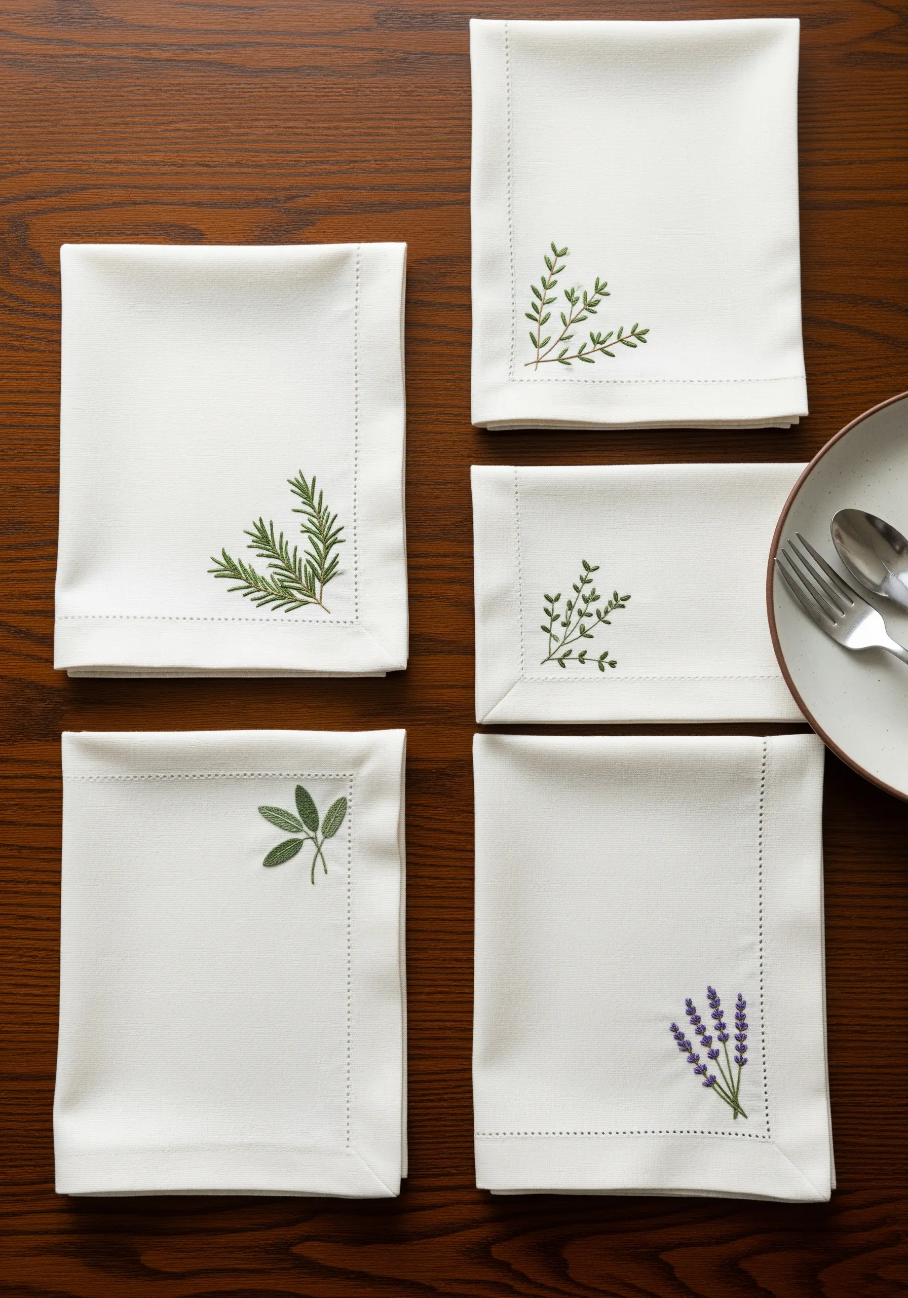 Four white linen napkins, each embroidered with a different delicate herb: rosemary, sage, thyme, lavender.