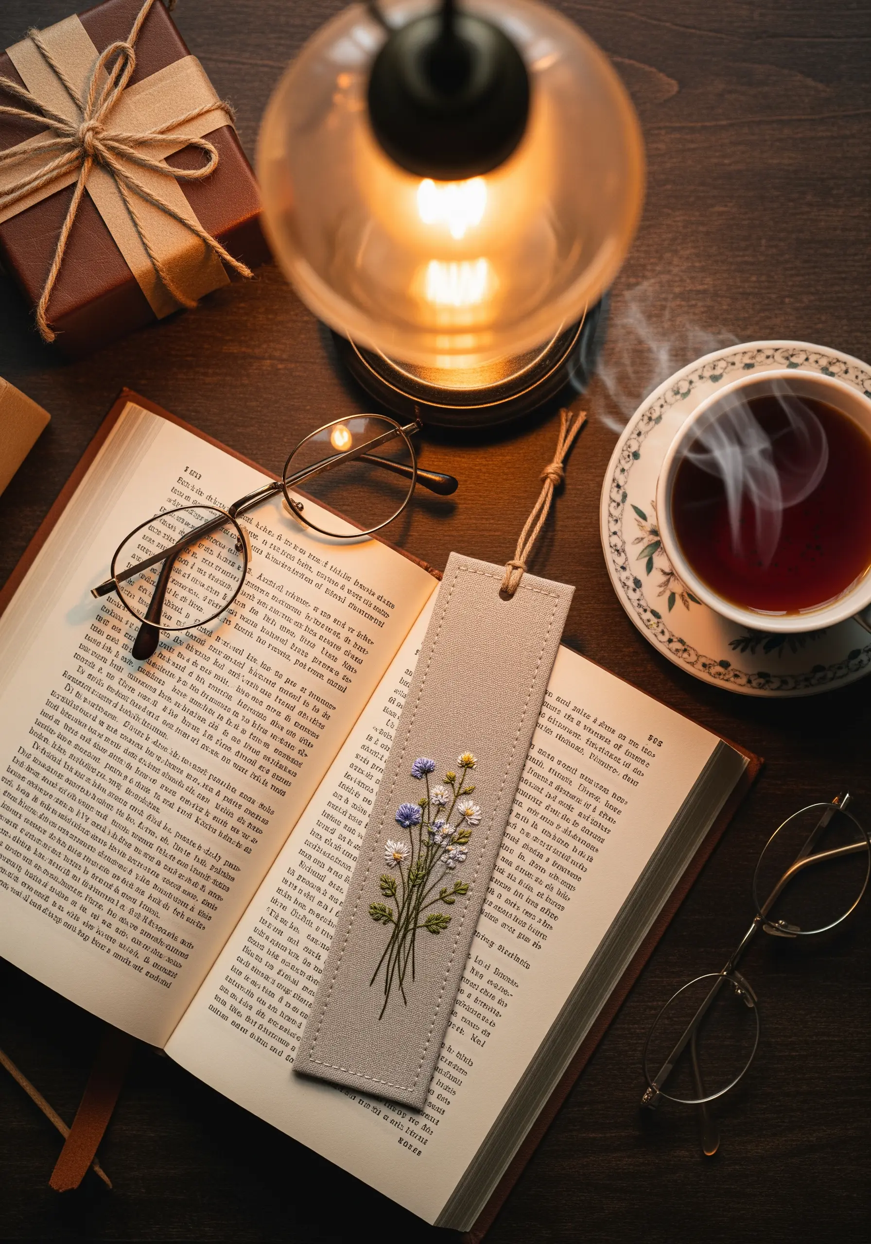 A gray faux leather bookmark embroidered with a delicate bouquet of tiny wildflowers.