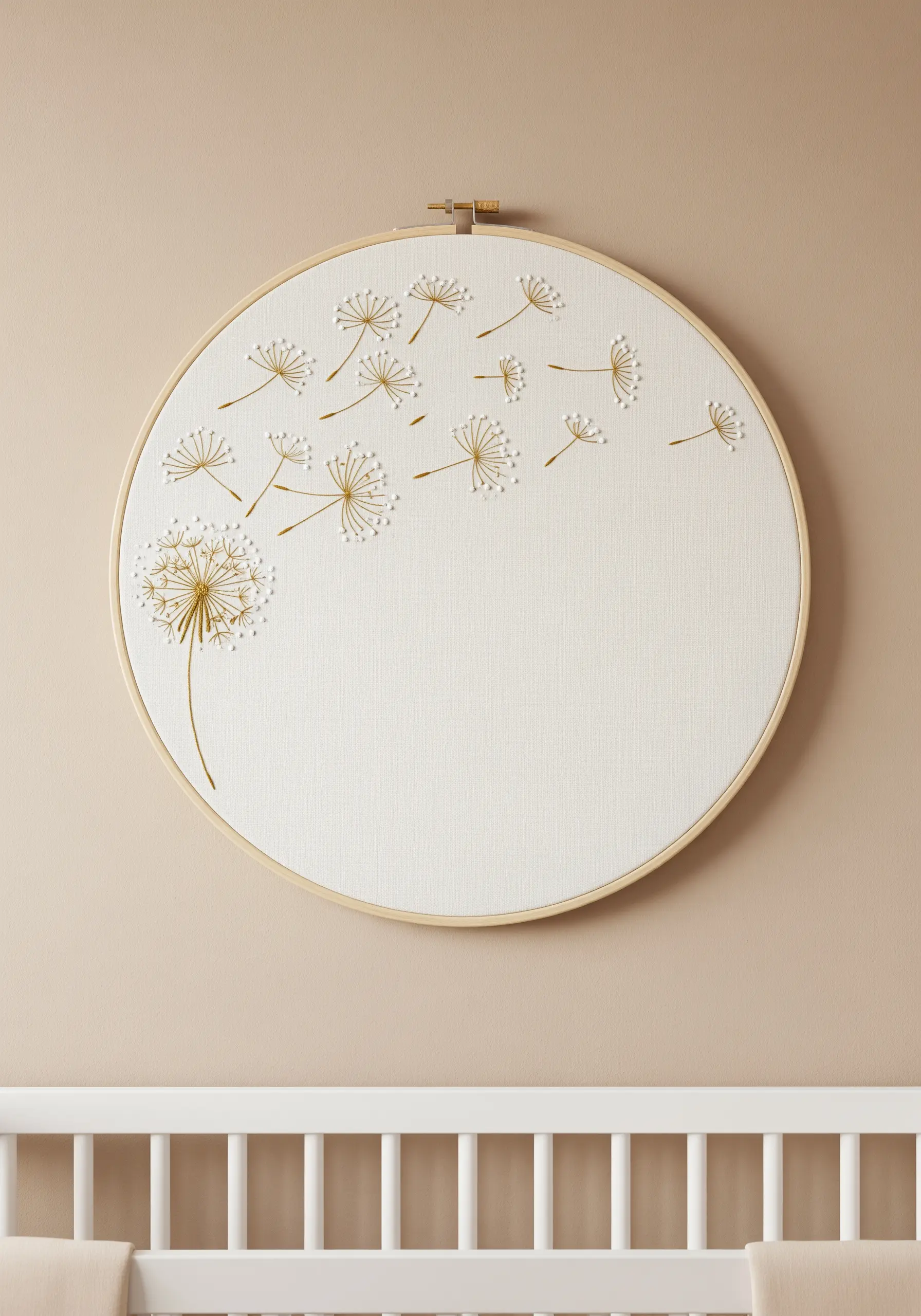Embroidery hoop art of a dandelion blowing in the wind, stitched in gold and white thread.