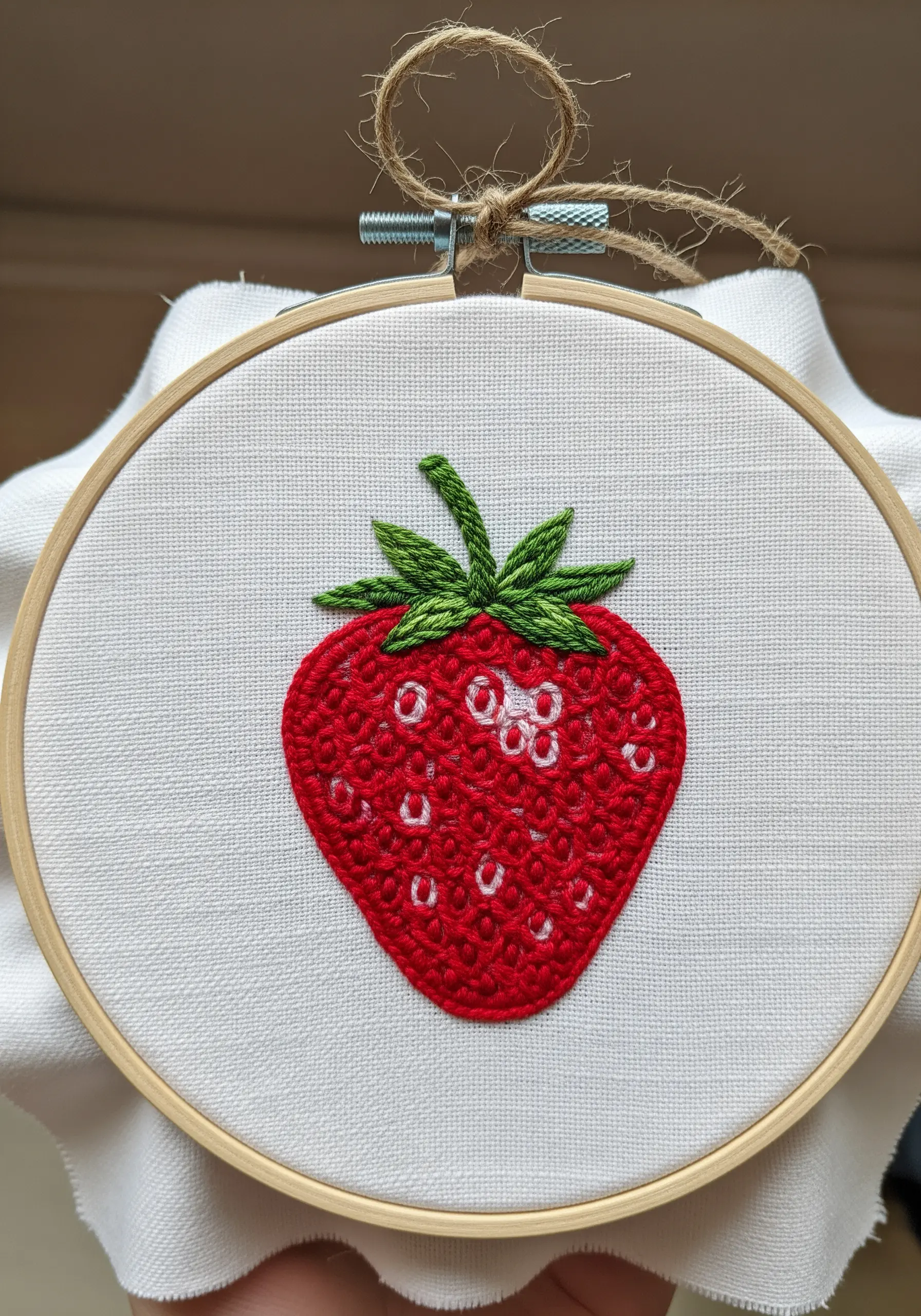A vibrant red embroidered strawberry with white French knot seeds and green leaves.