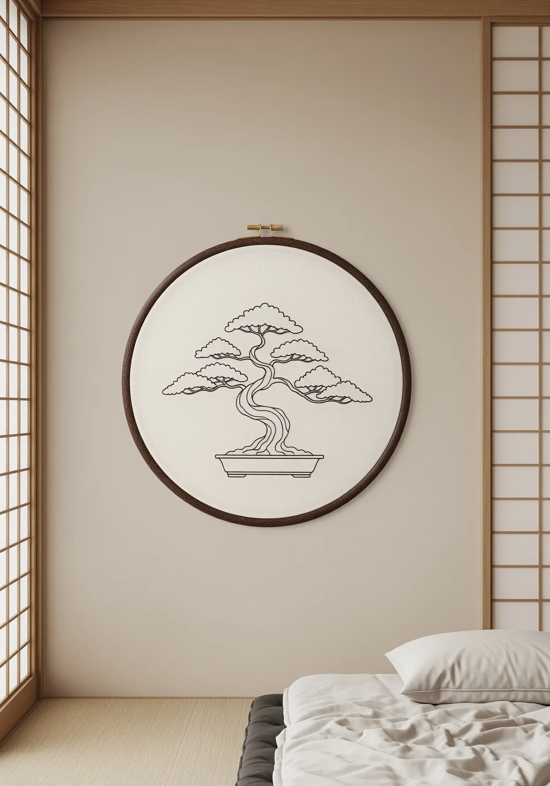 A monochrome line art embroidery of a bonsai tree in a dark wooden hoop.