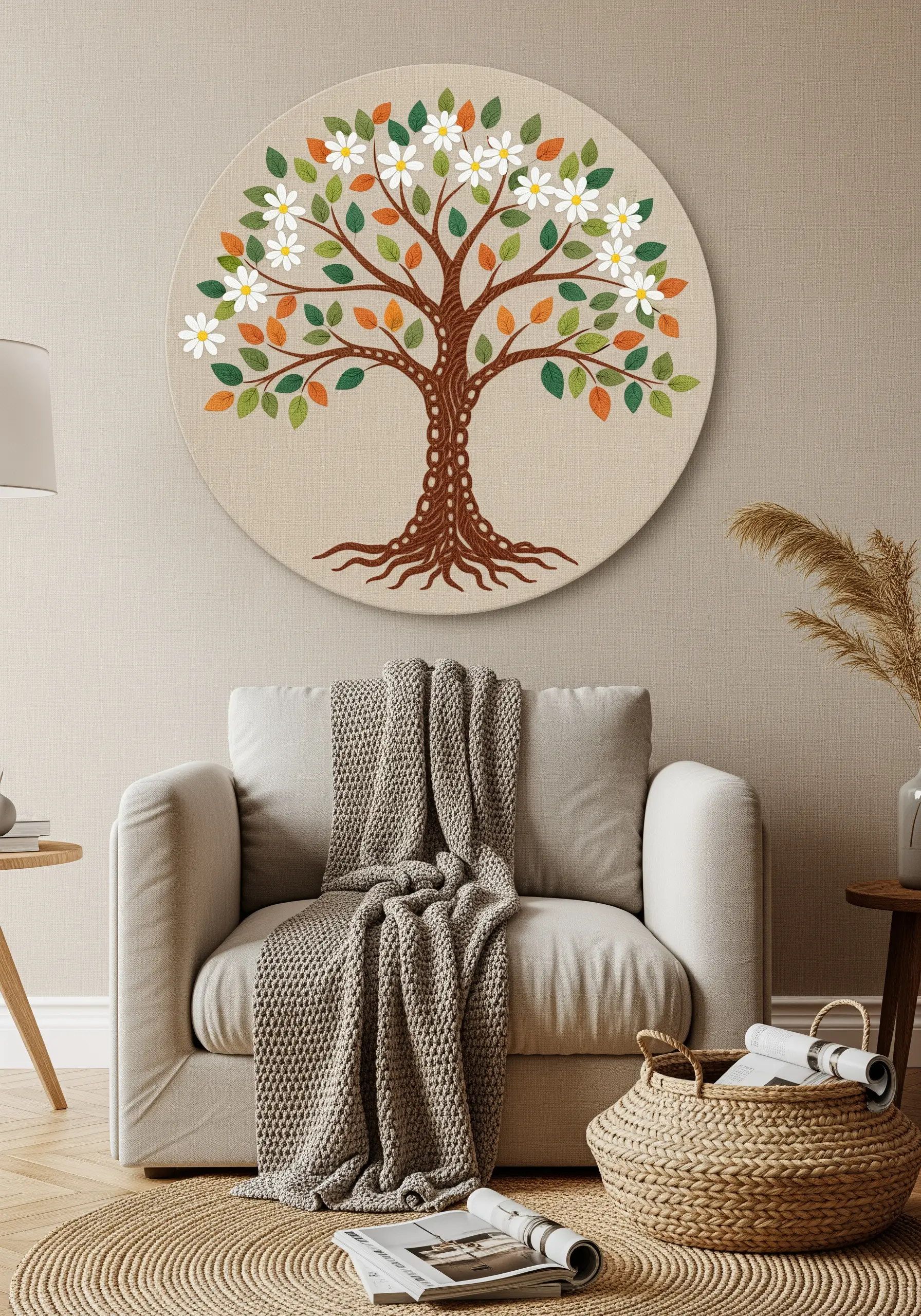 A round canvas featuring an embroidered Tree of Life with colorful leaves and white flowers.