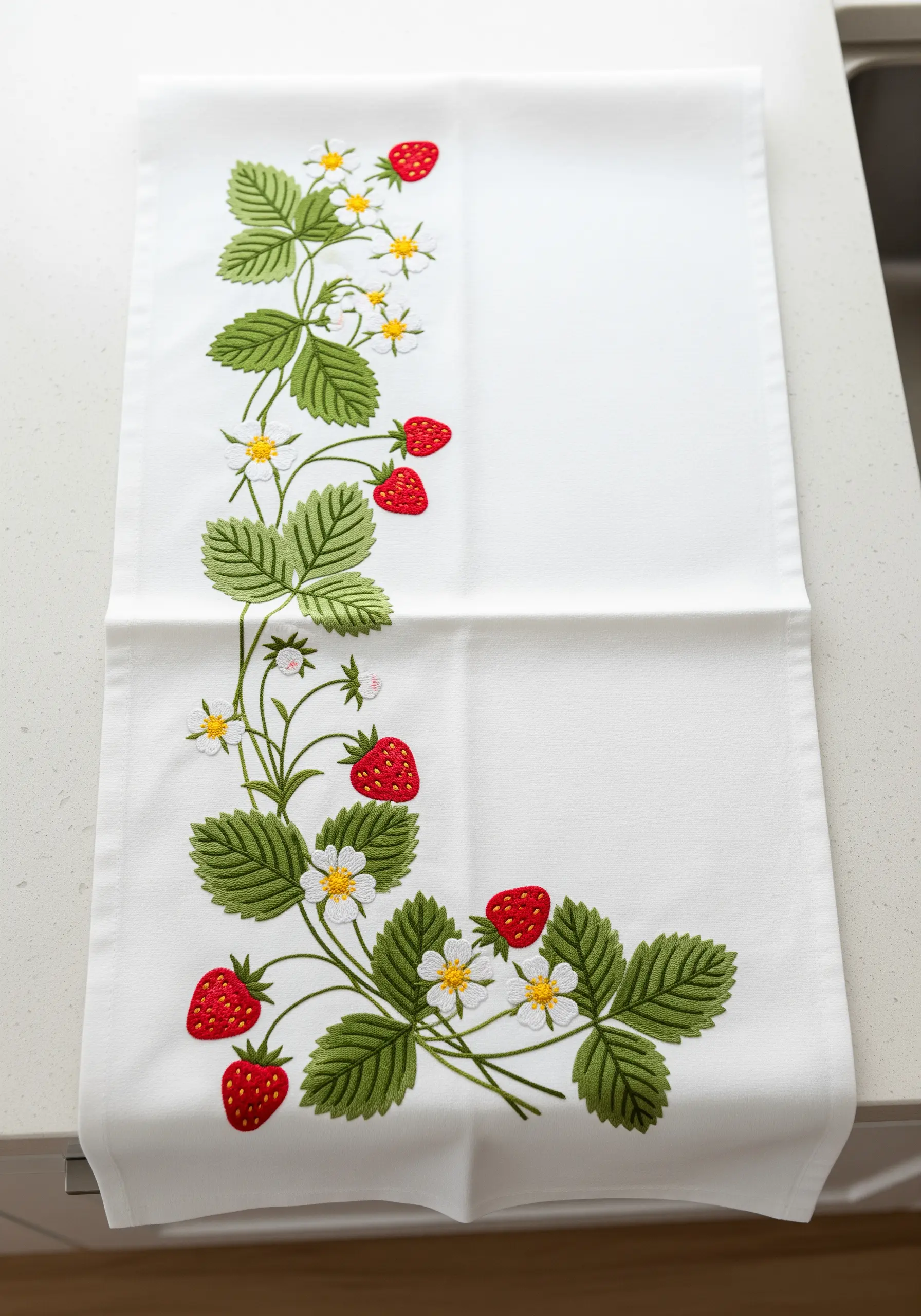 A clean, elegant embroidery of a strawberry vine with leaves, flowers, and fruit.