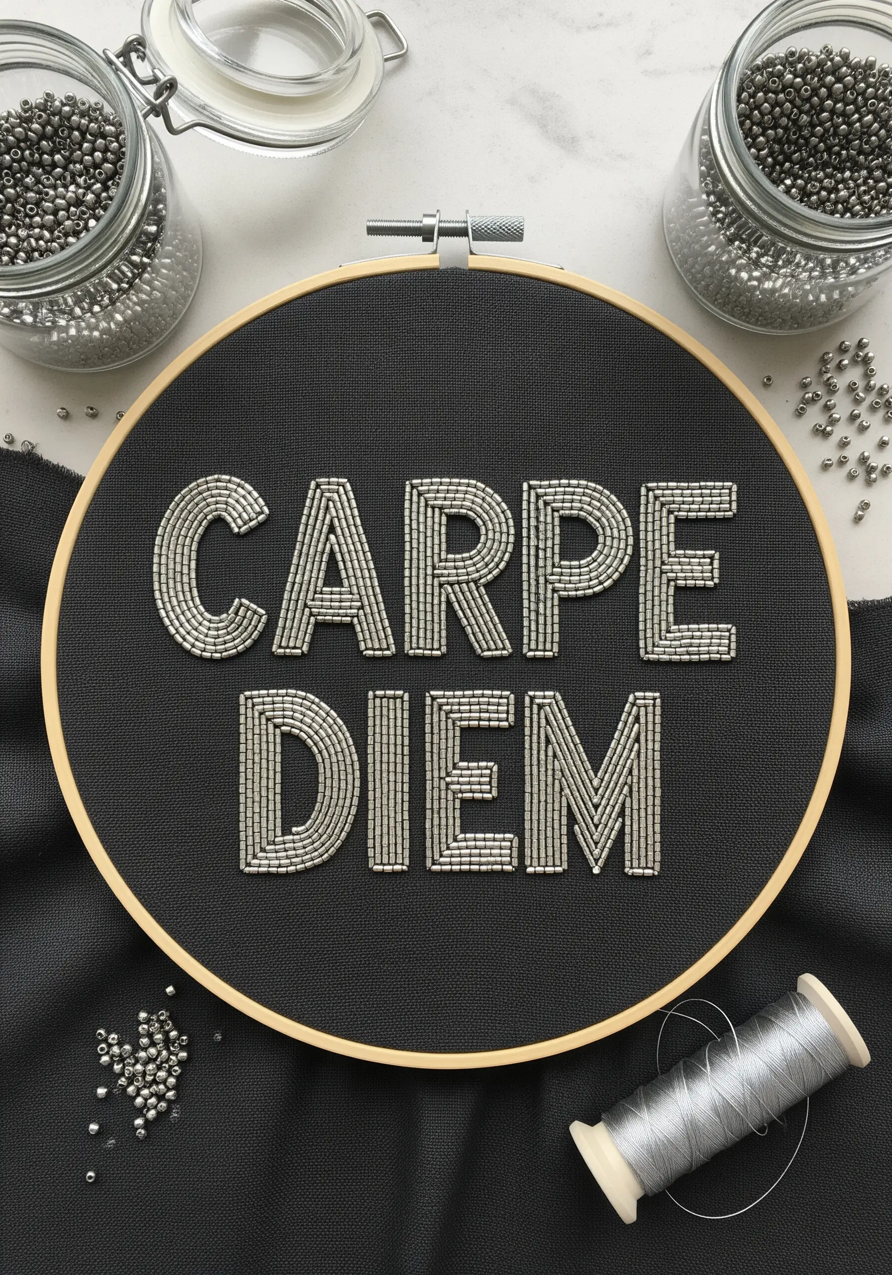 The words “CARPE DIEM” completely filled with tightly packed silver seed beads.