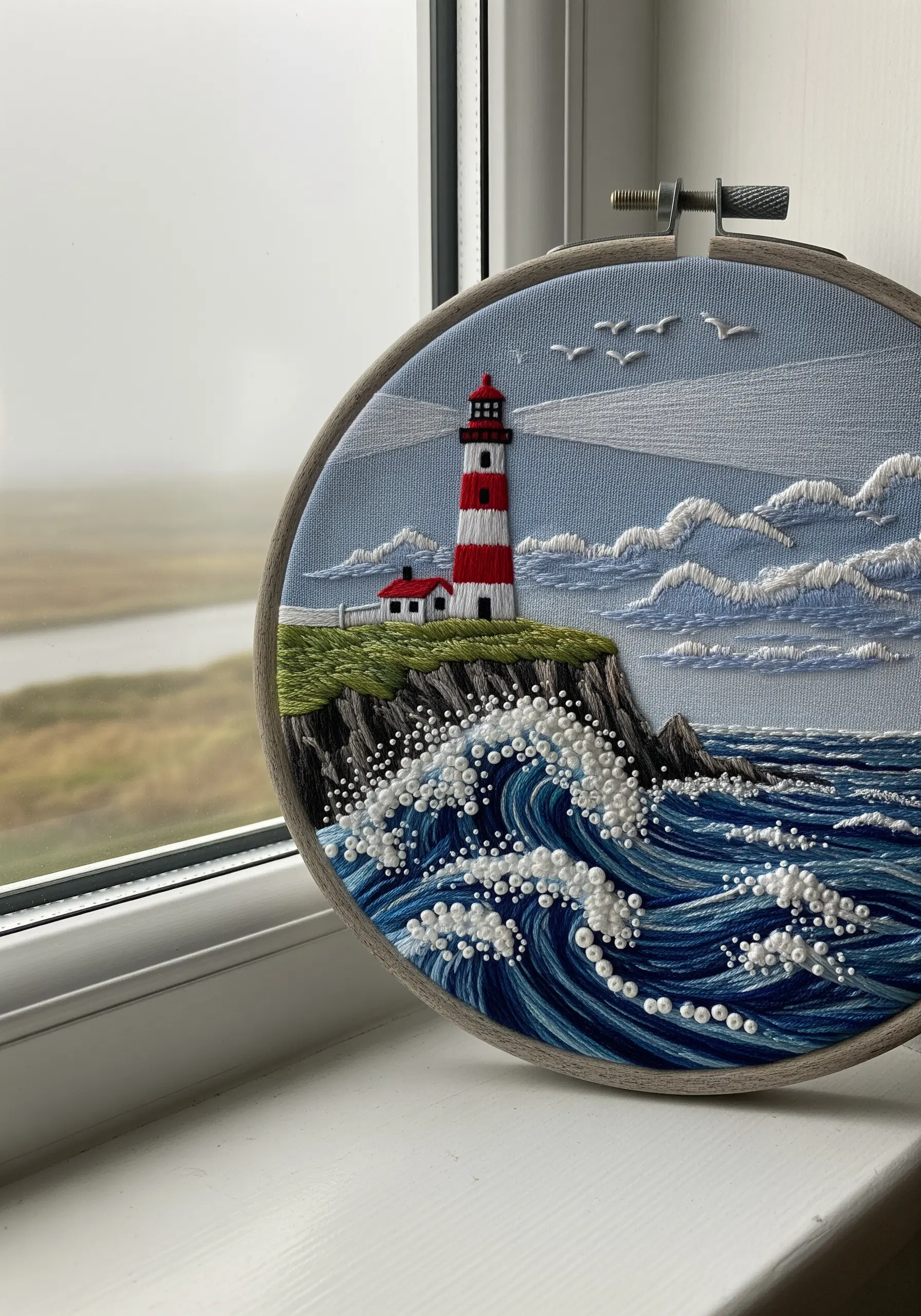 A lighthouse on a cliff with churning waves embellished with white beads for sea foam.