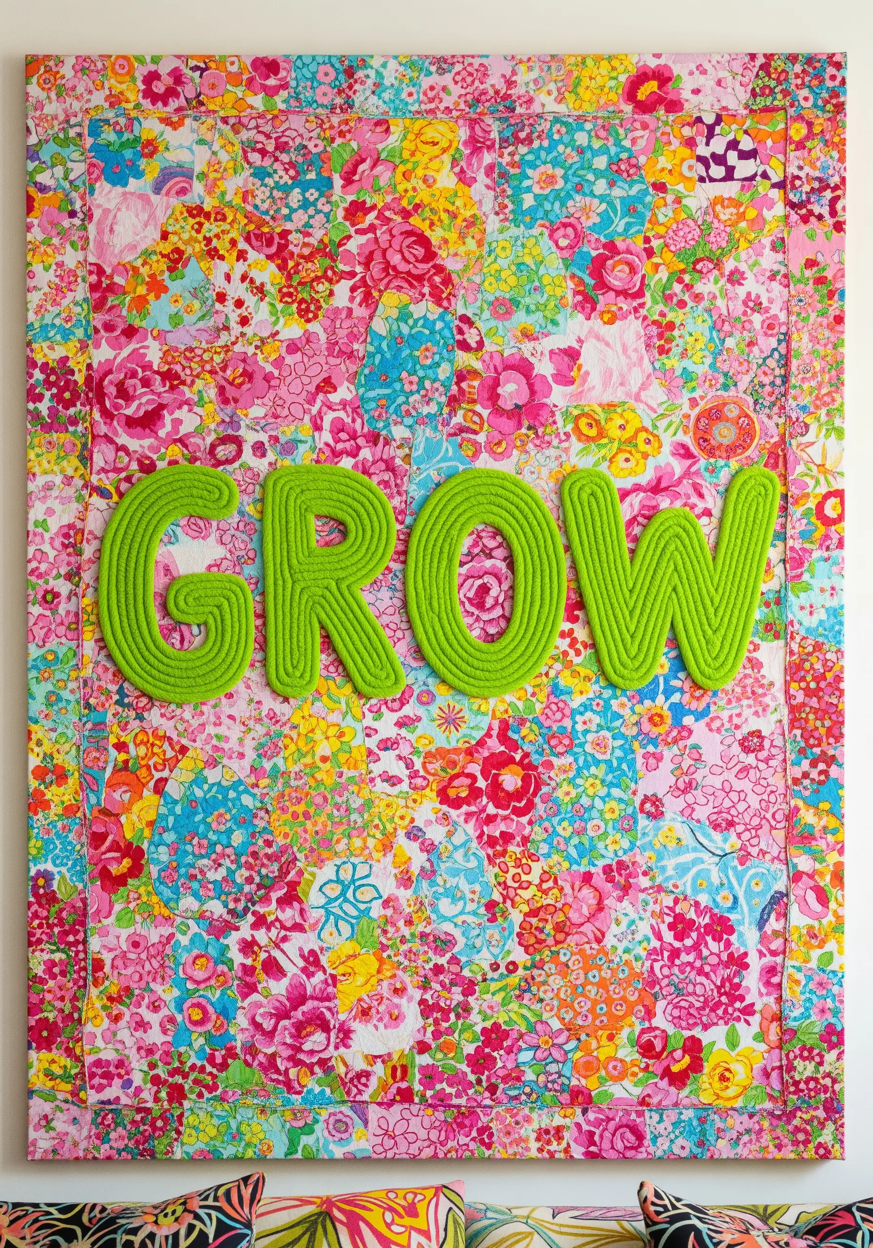 The word 'GROW' in thick green cord couched onto a vibrant, busy floral fabric panel.