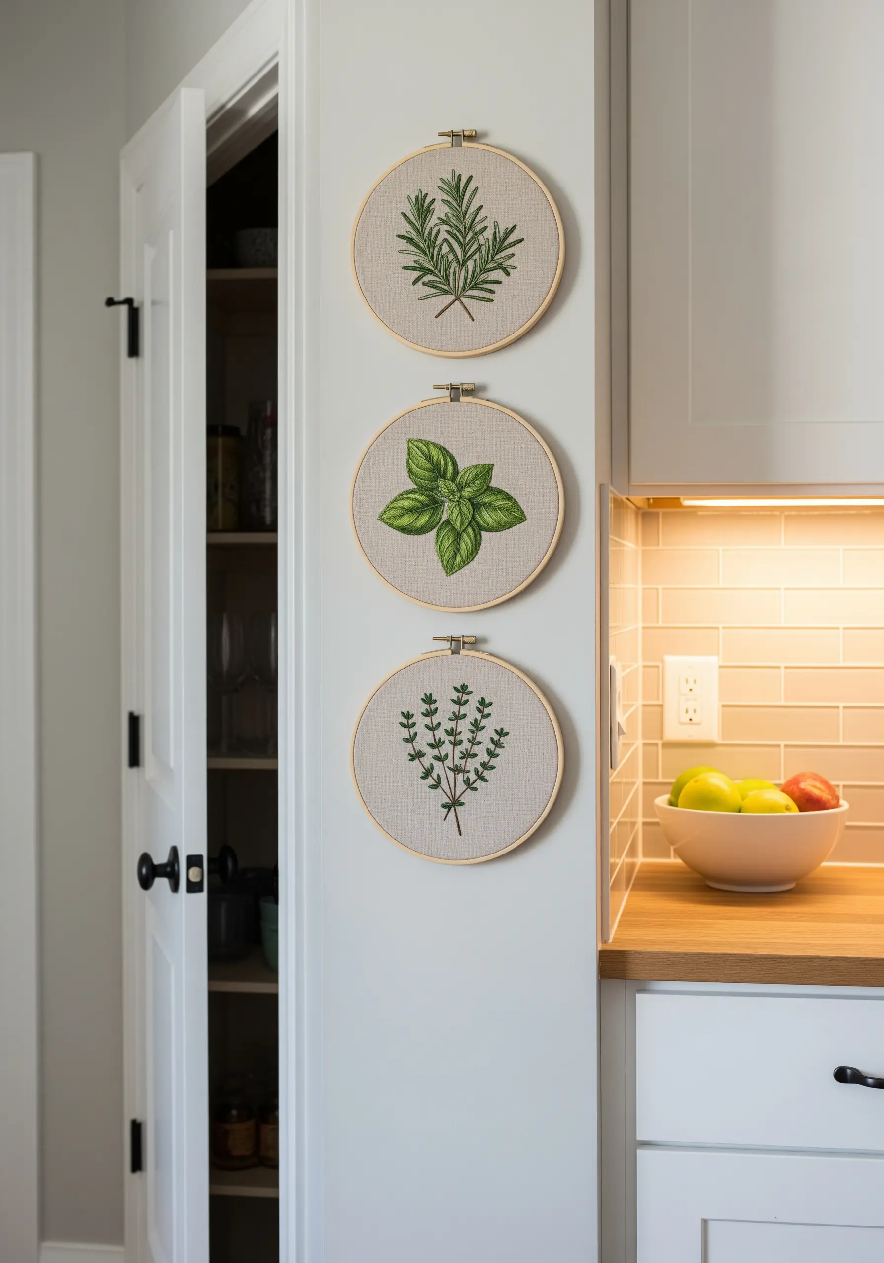 Three embroidery hoops with detailed botanical illustrations of herbs hanging in a kitchen.