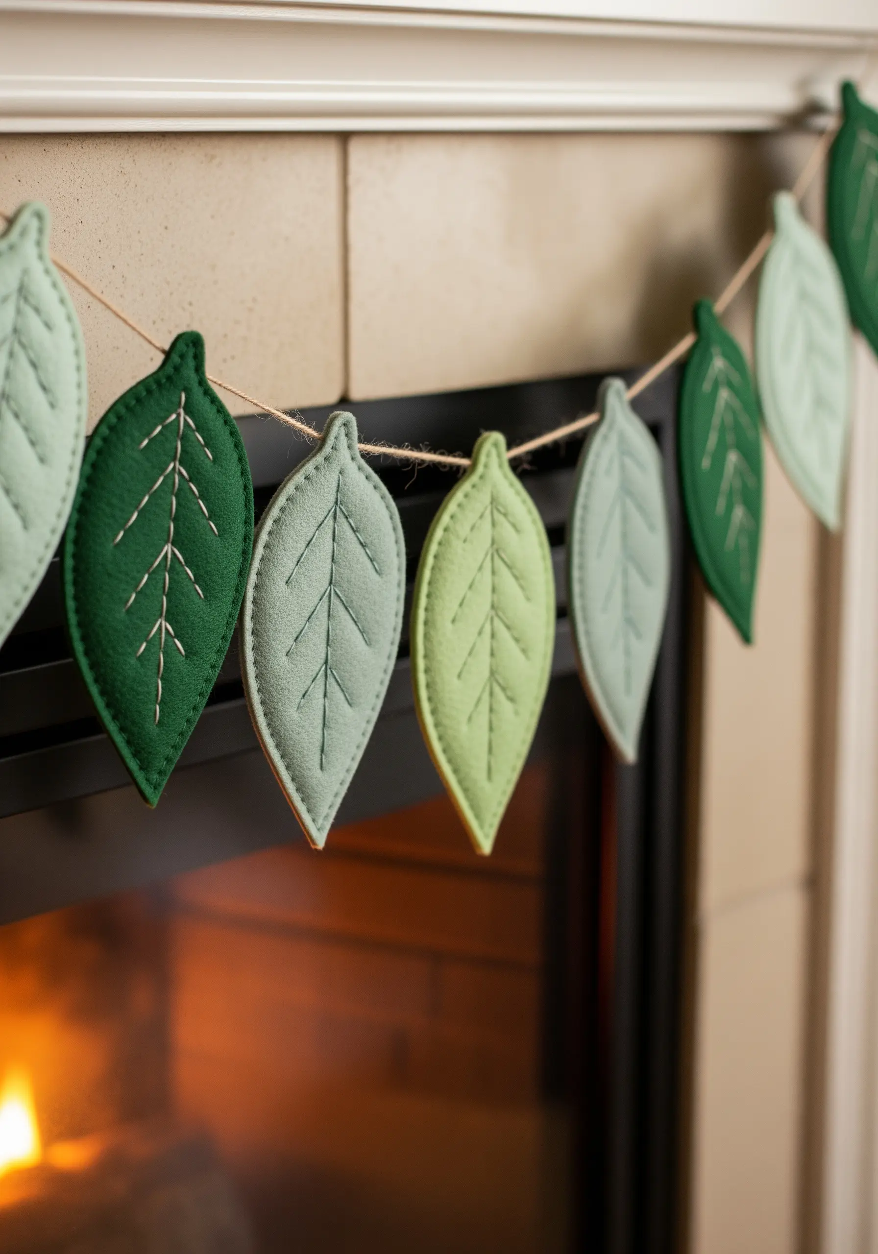 A garland made of hand-stitched felt leaves in various shades of green hanging over a fireplace.