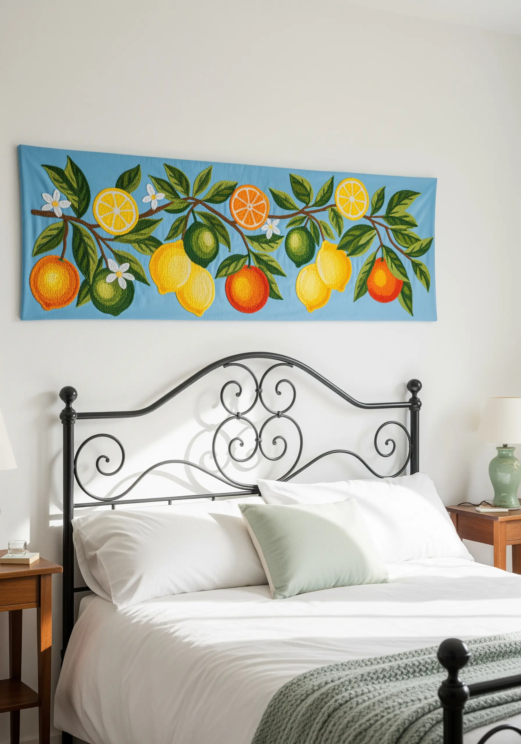 A horizontal embroidery panel featuring a branch with bright lemons, limes, and oranges.